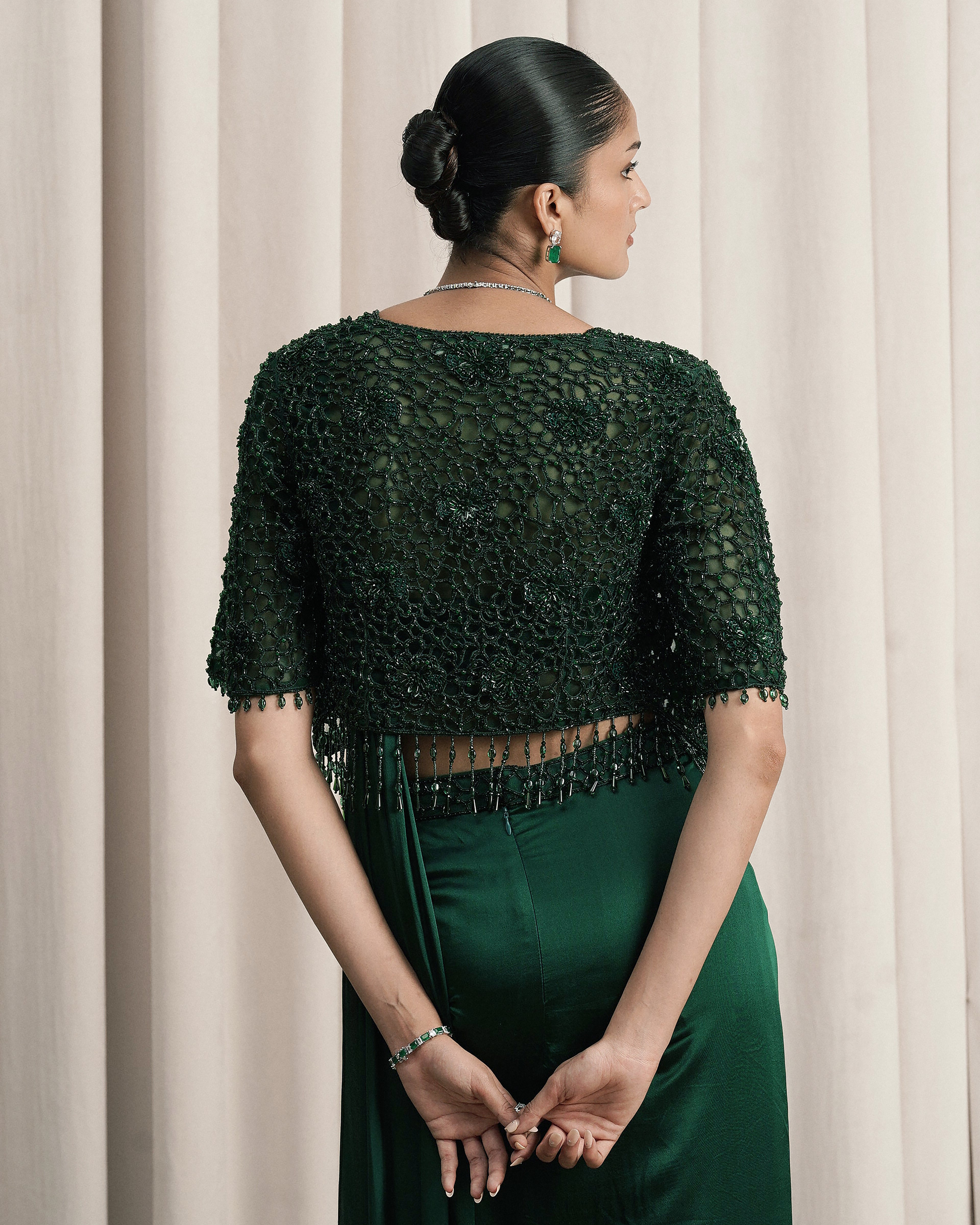 Emerald Green Draped Saree With Embroidered Jacket