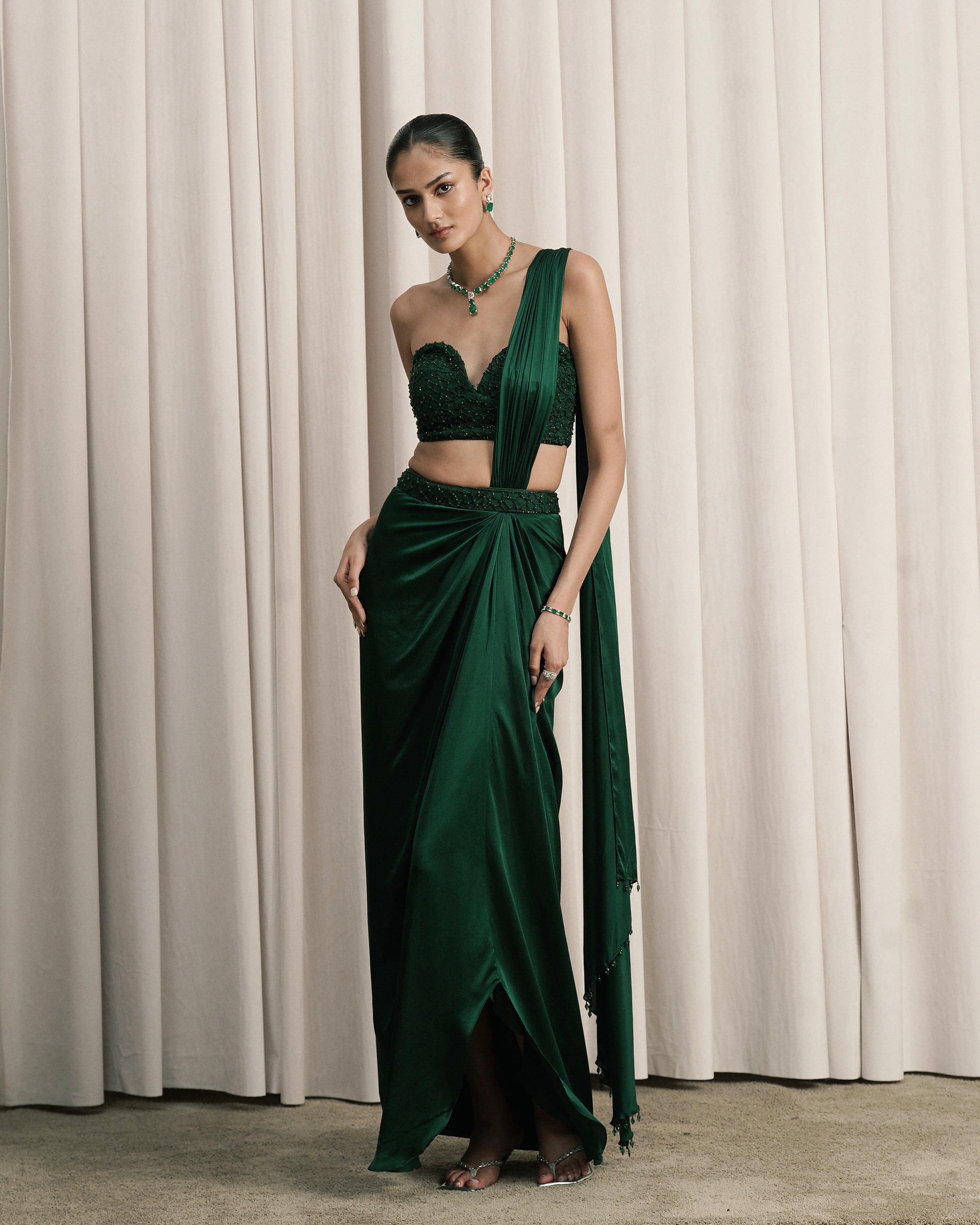 Emerald Green Draped Saree With Embroidered Jacket