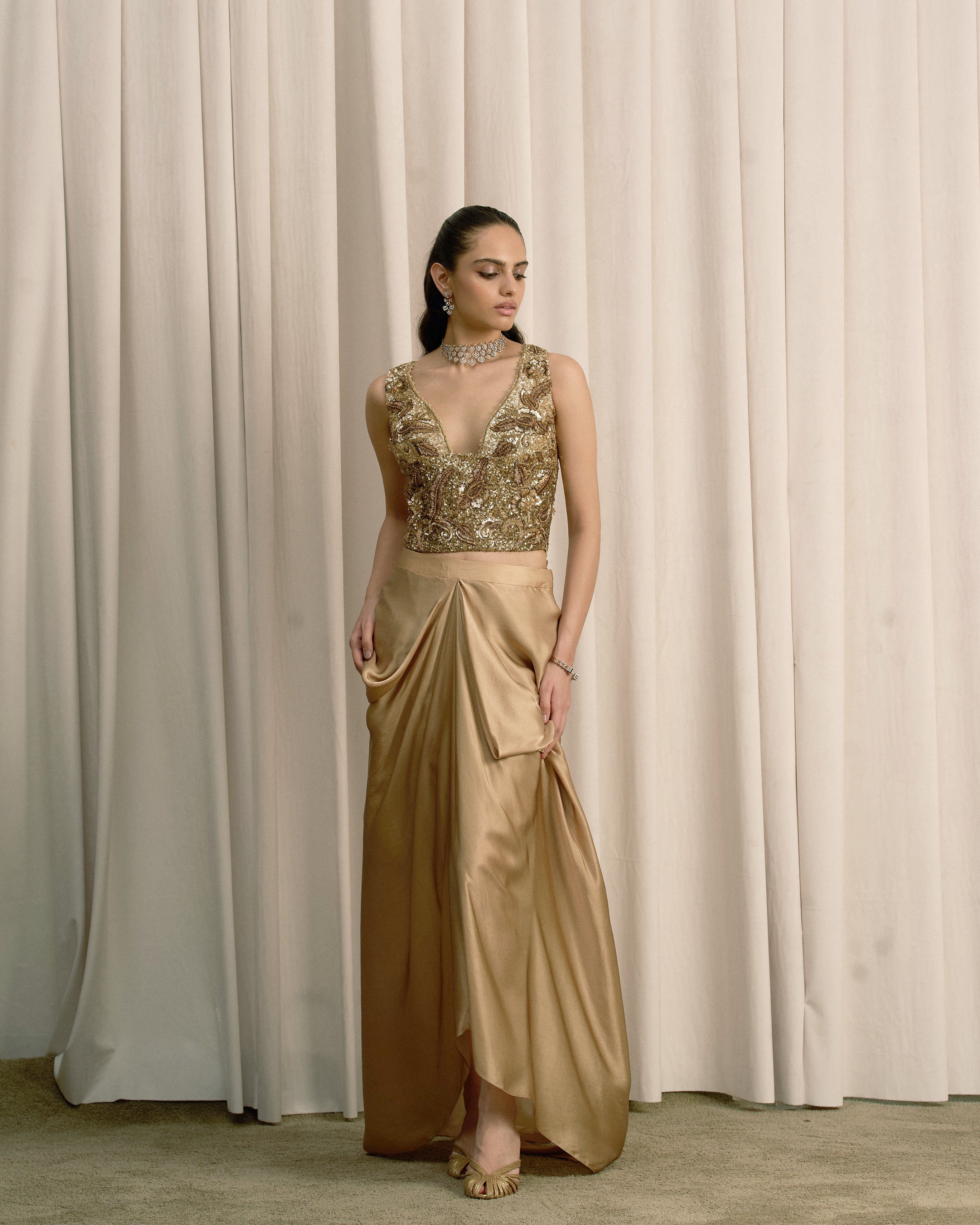 Beige Embroidered Top With Pick-up Skirt