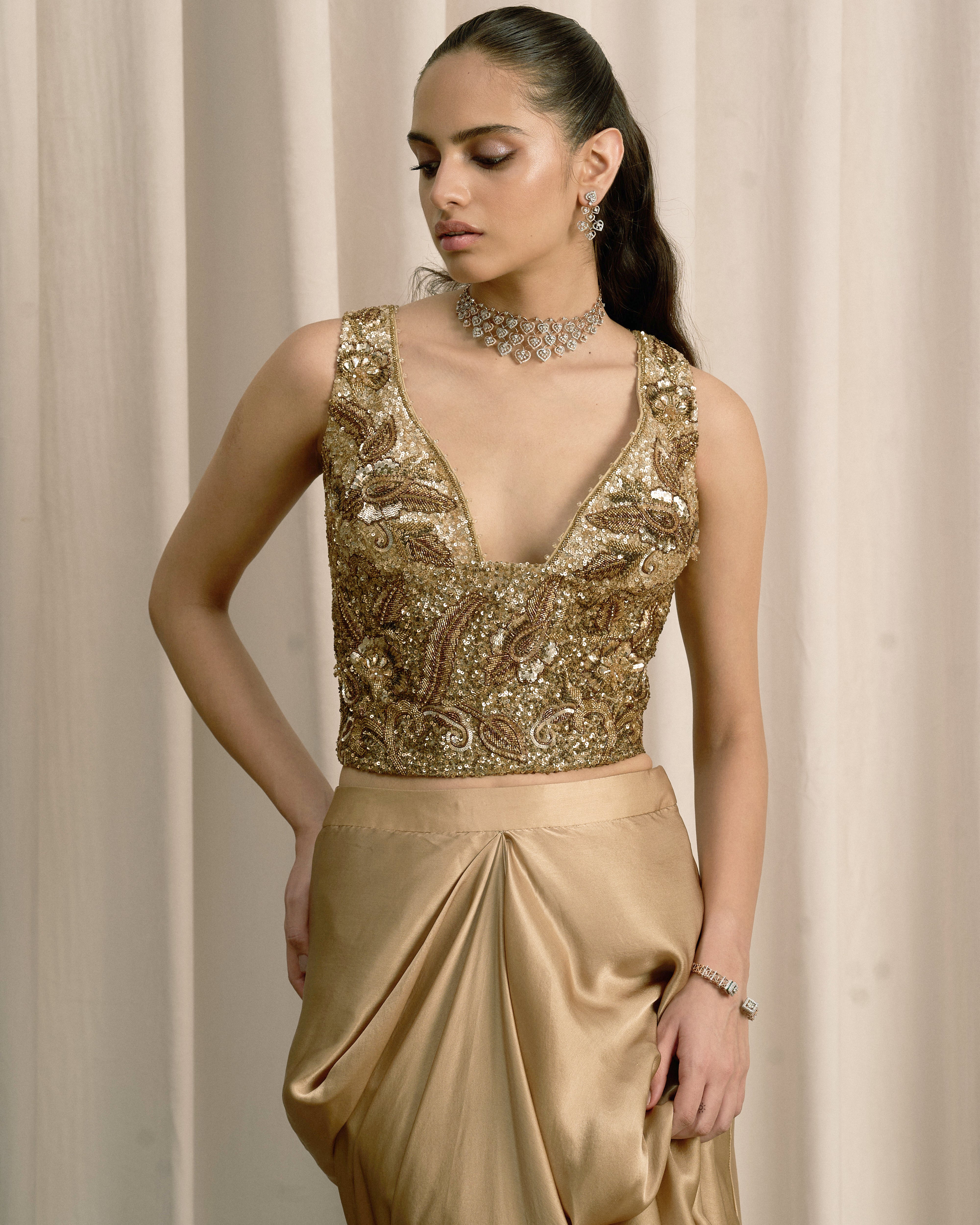 Beige Embroidered Top With Pick-up Skirt