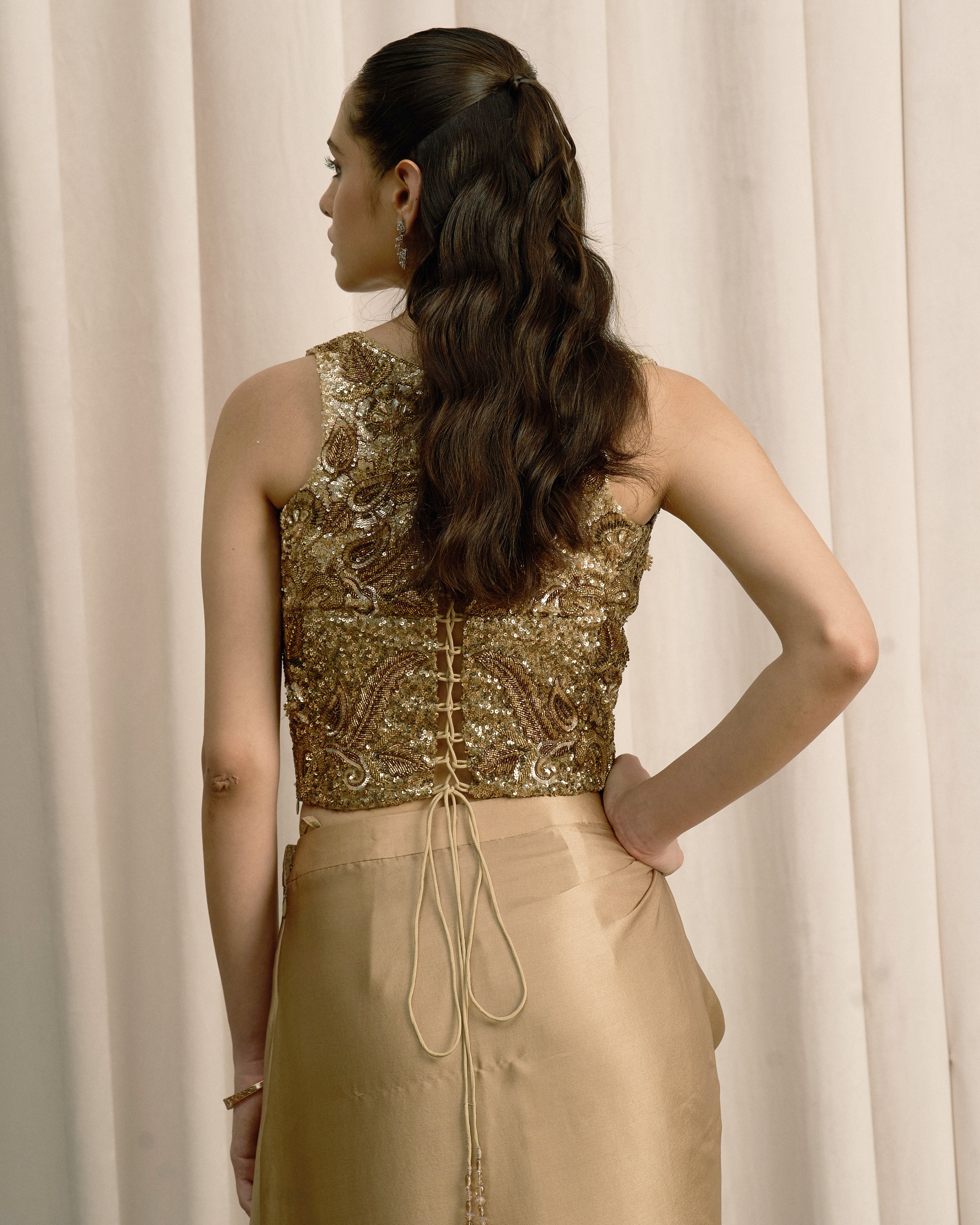 Beige Embroidered Top With Pick-up Skirt