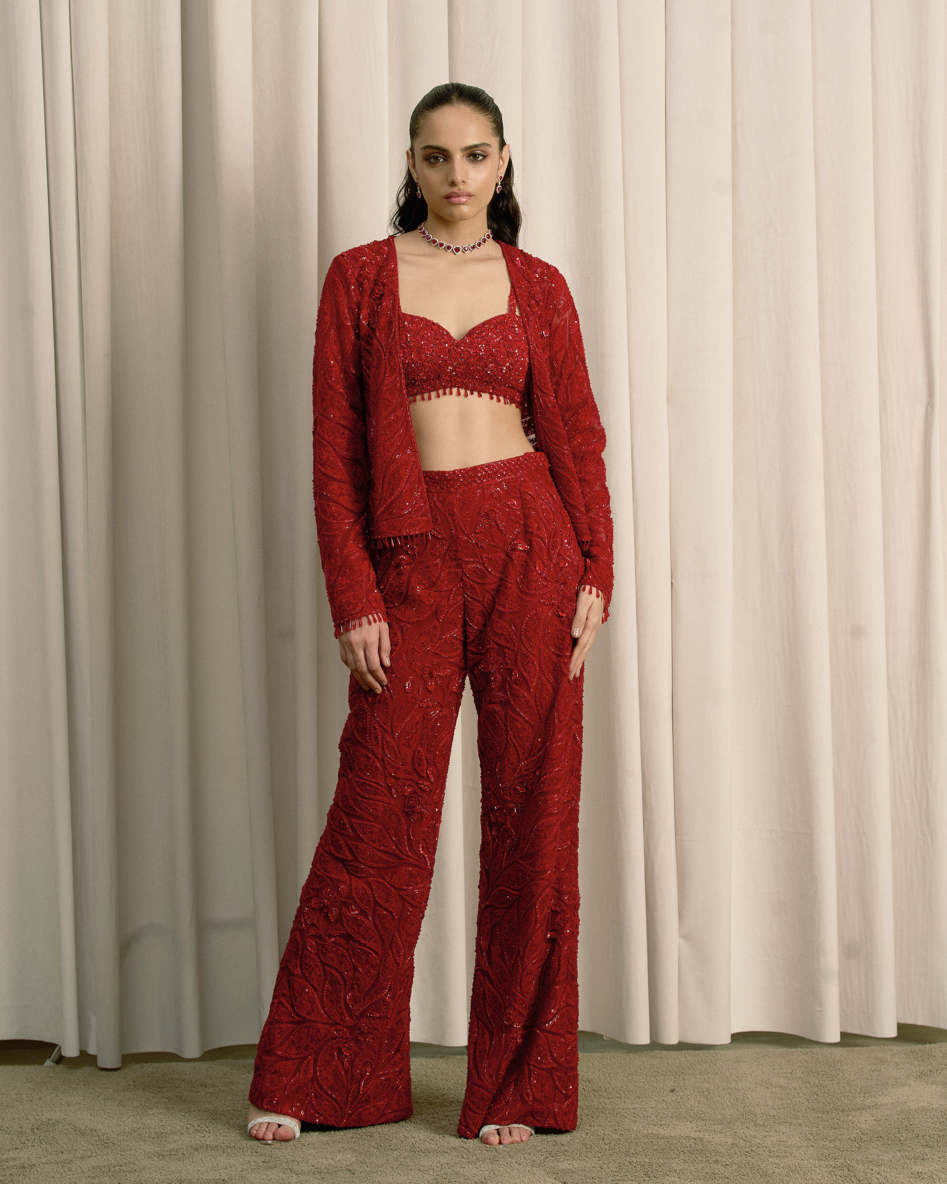 Red Embroidered Co-ord Set With Flared Pants