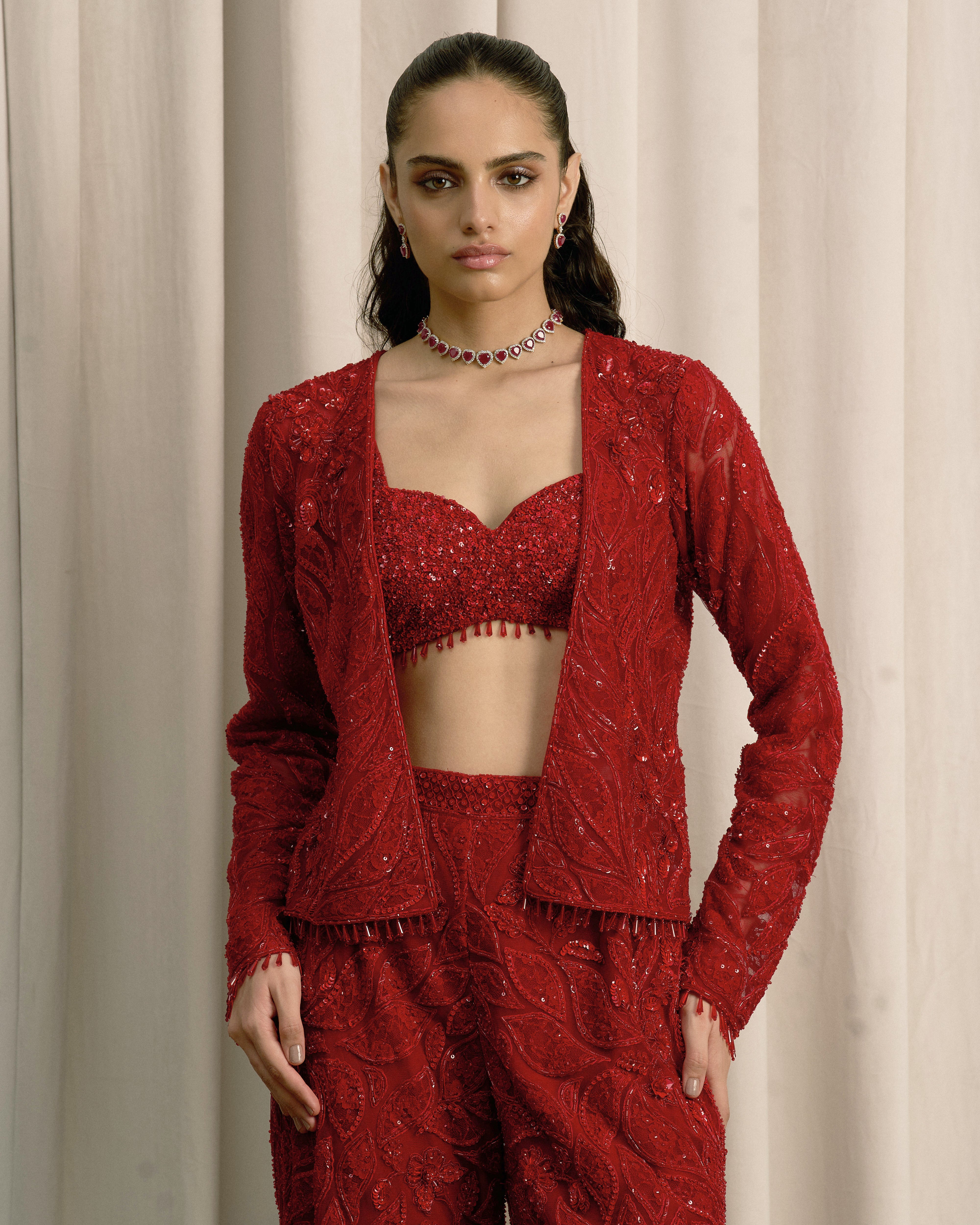 Red Embroidered Co-ord Set With Flared Pants