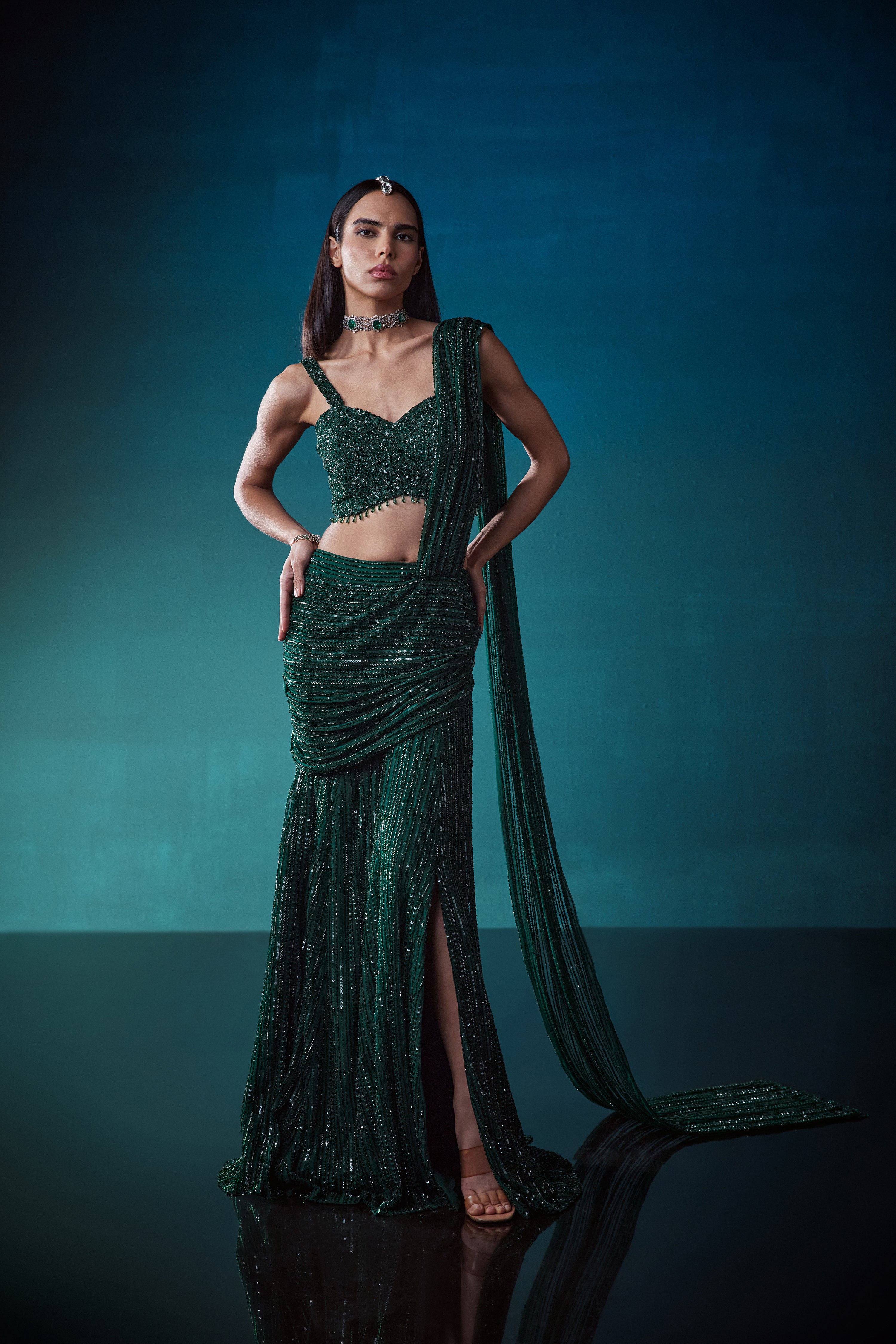 Emerald Drape Saree With A Slit Skirt