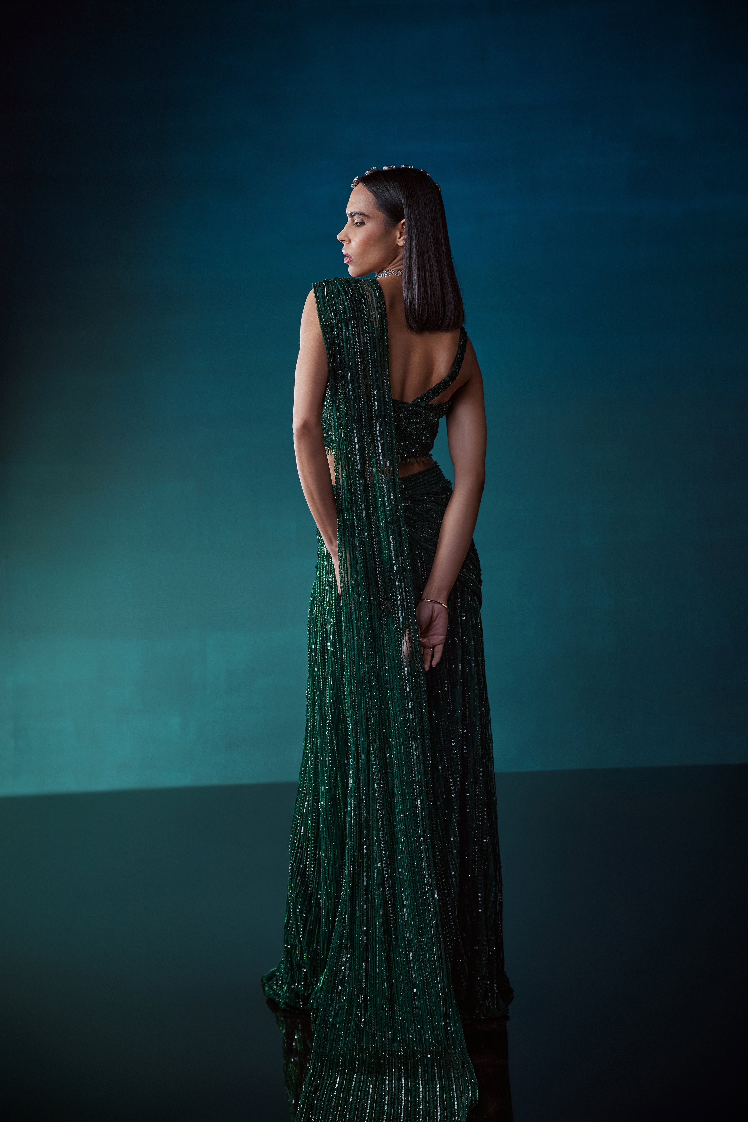 Emerald Drape Saree With A Slit Skirt