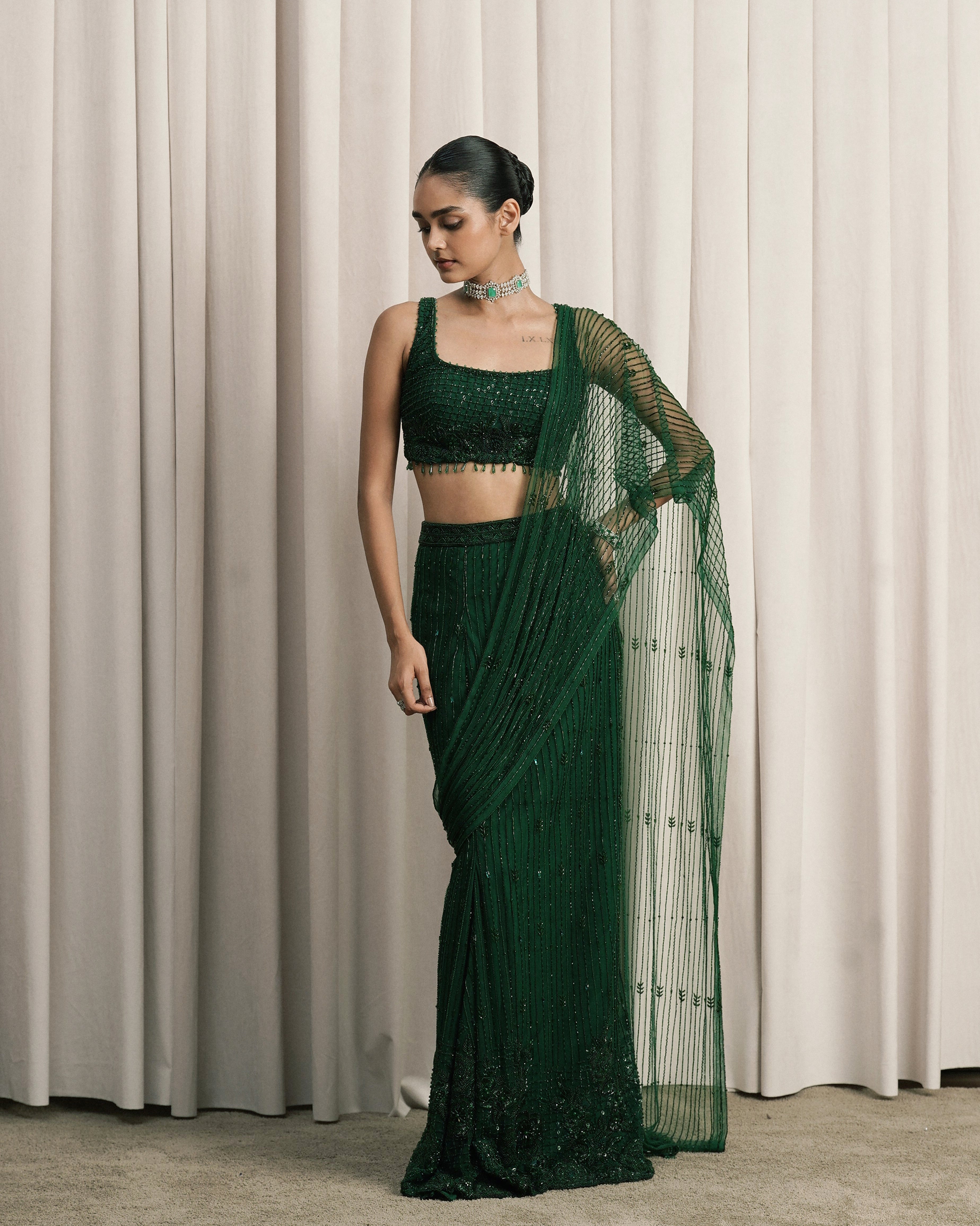 Emerald Green Embroidered Net Saree