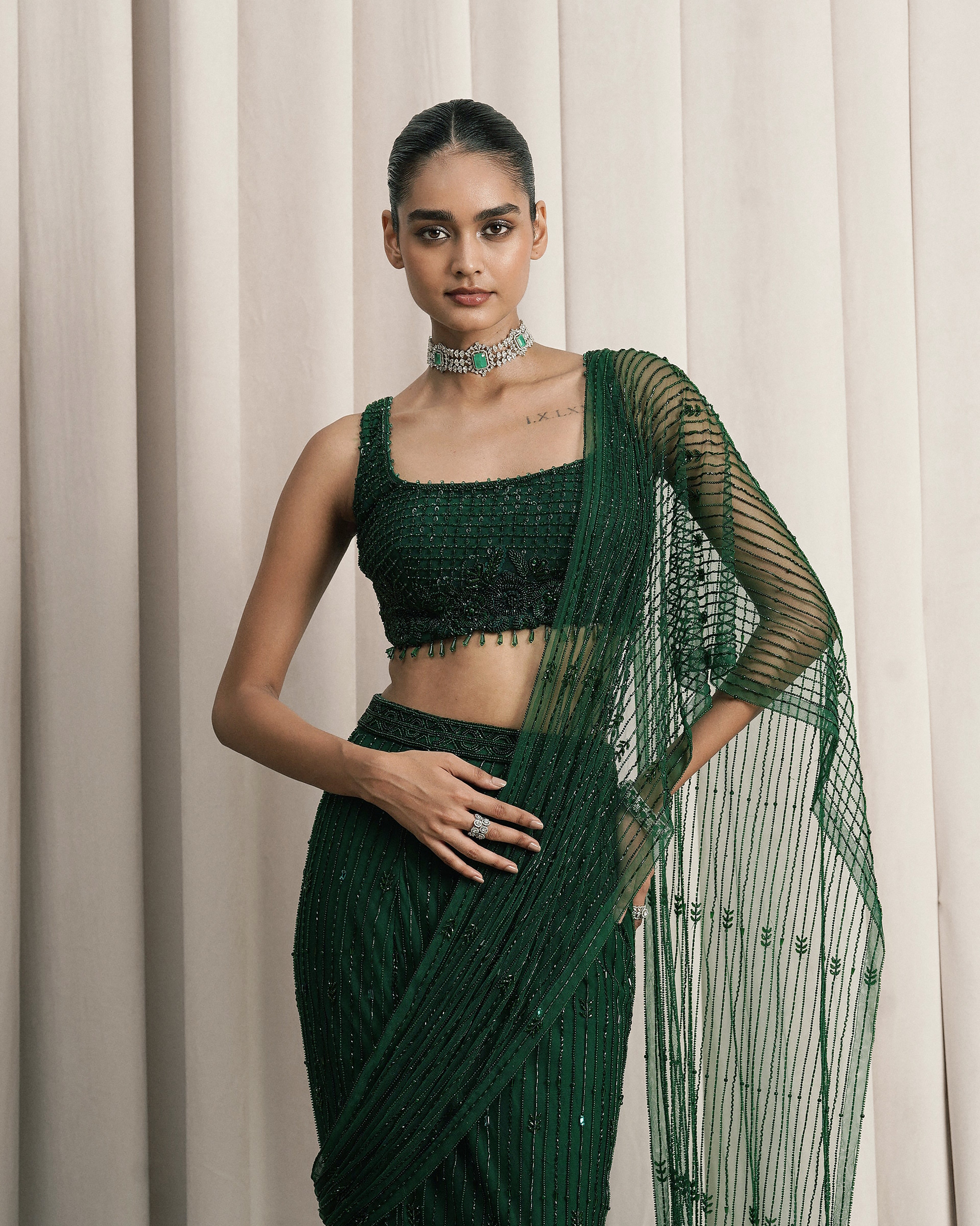 Emerald Green Embroidered Net Saree
