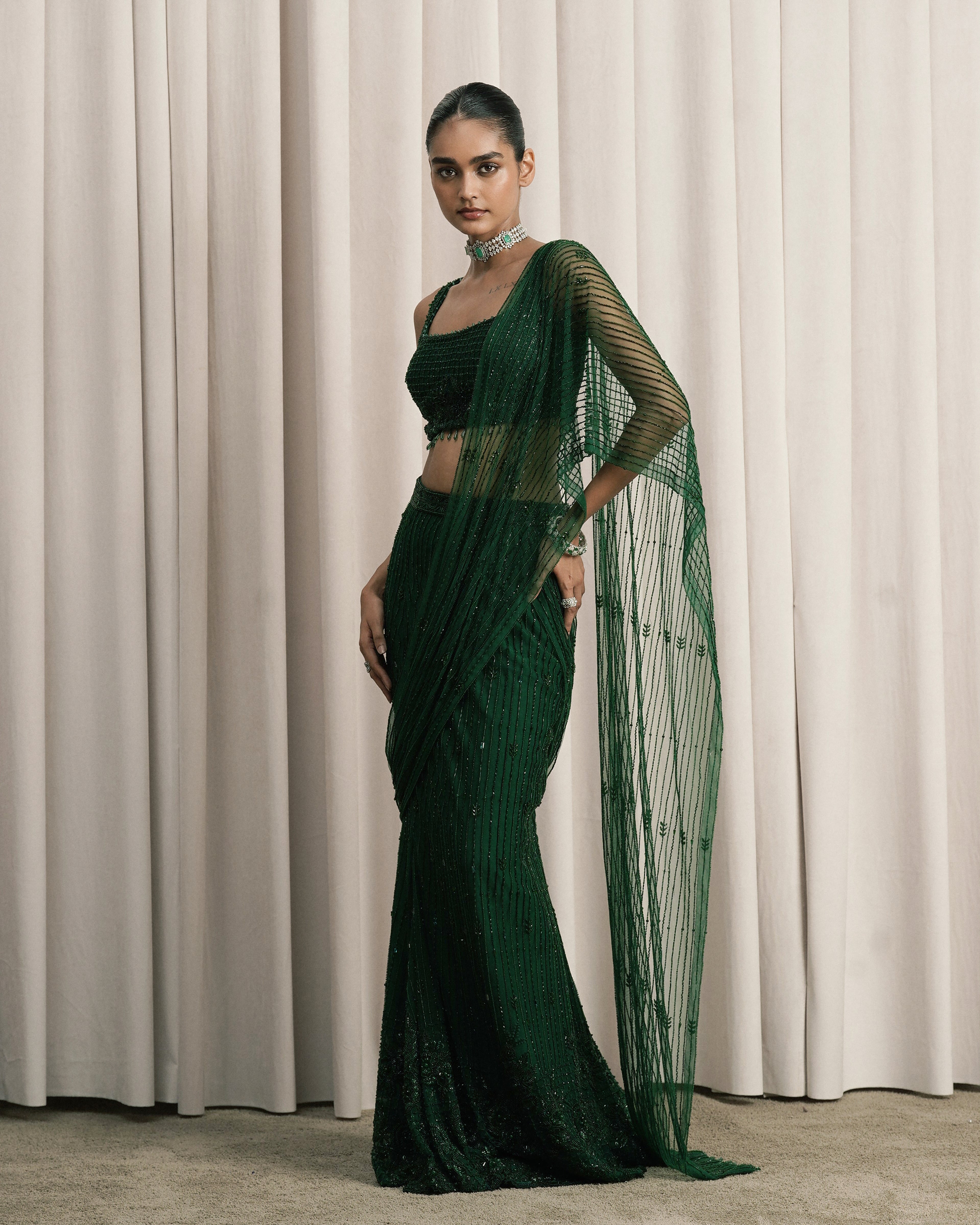 Emerald Green Embroidered Net Saree