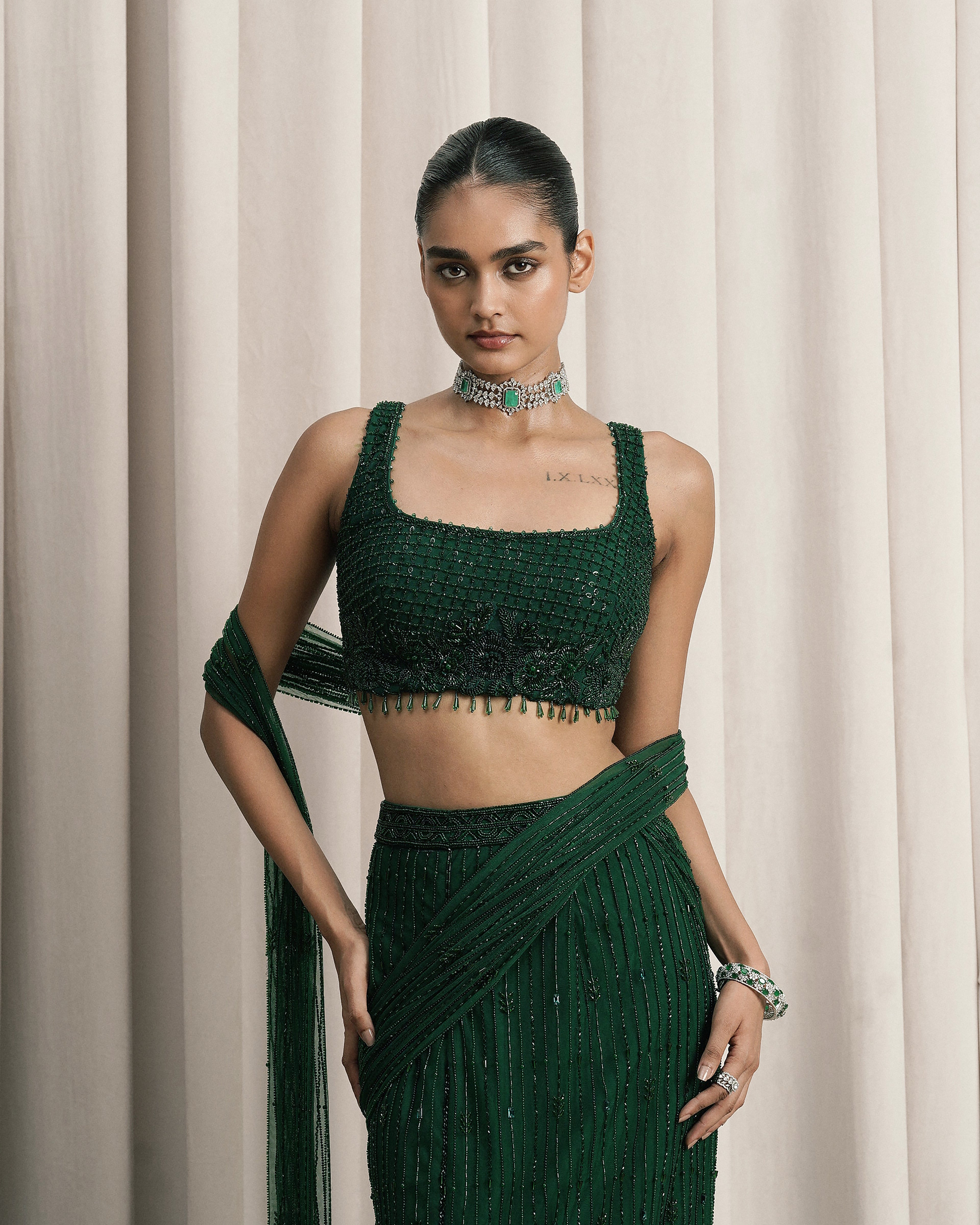 Emerald Green Embroidered Net Saree