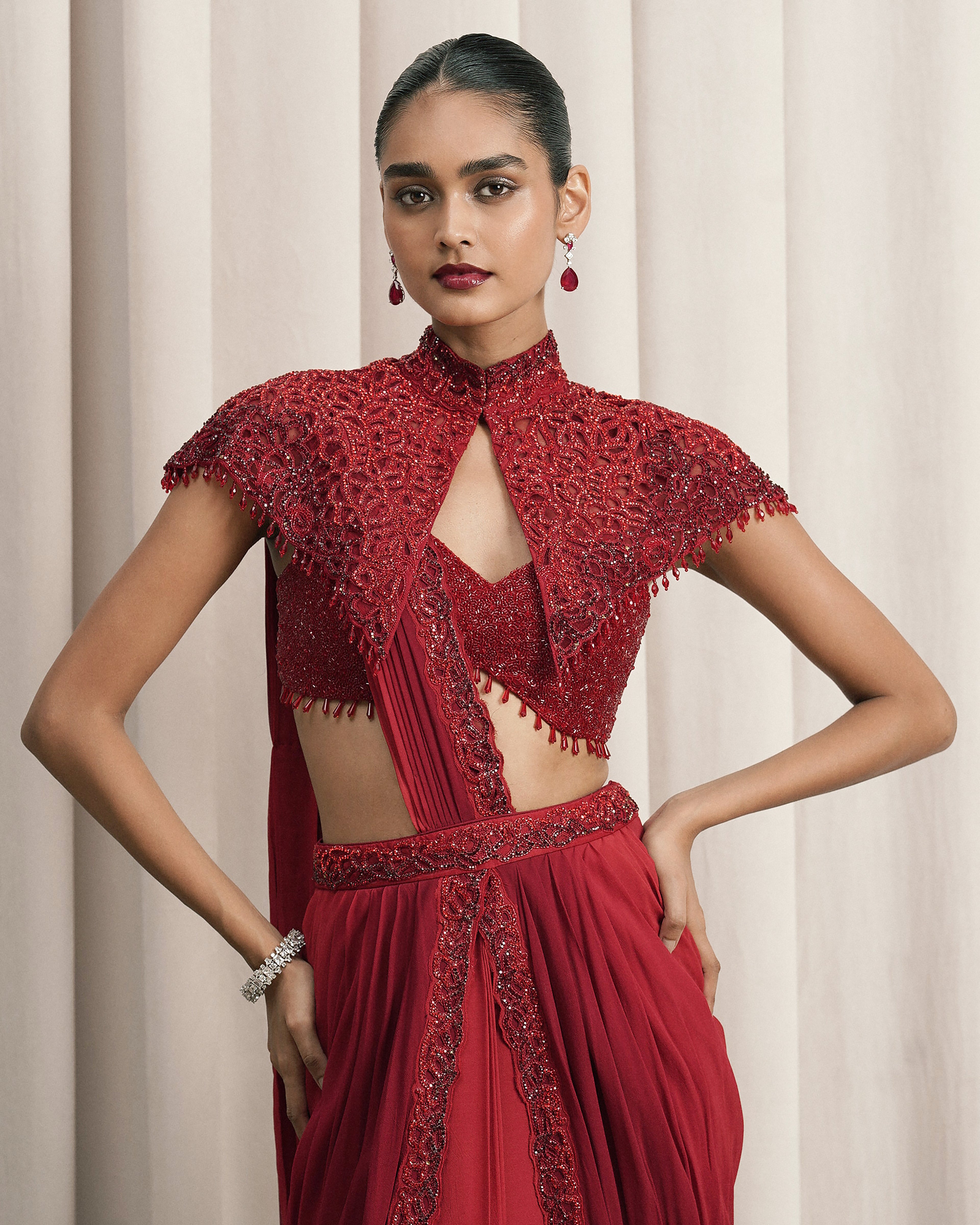 Red Draped Saree With Cape And Bustier