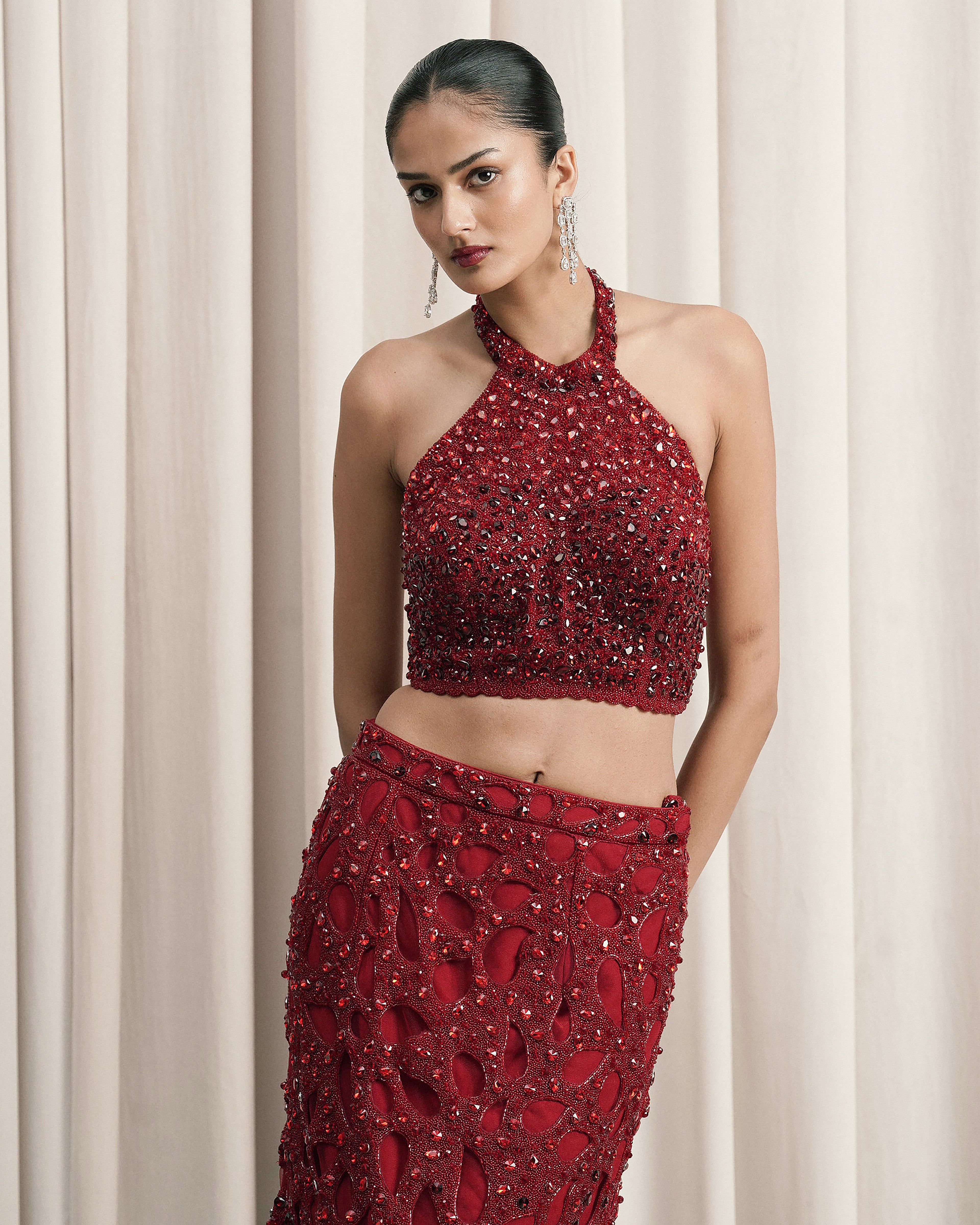 Red Halter-neck Top With Slit Skirt