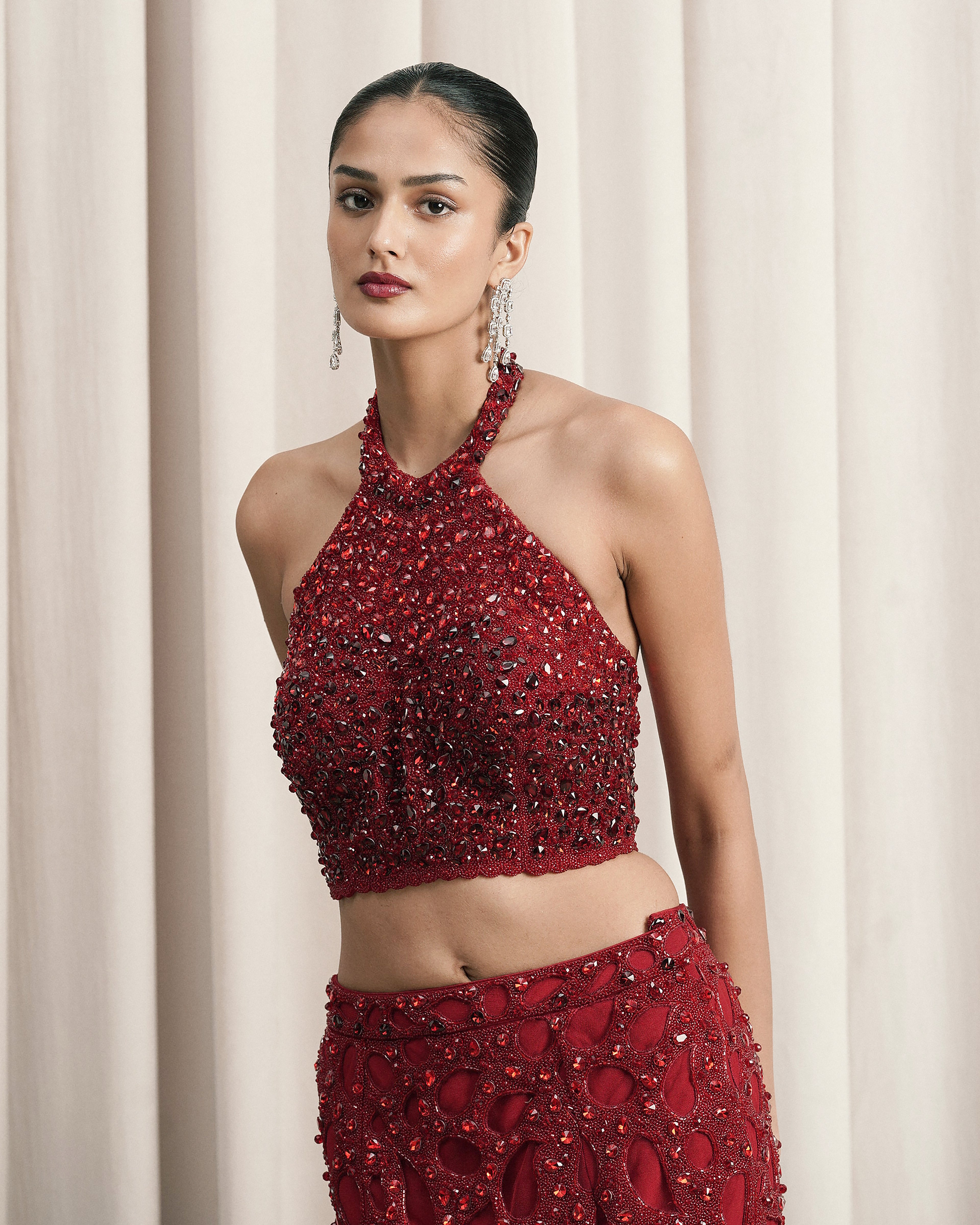 Red Halter-neck Top With Slit Skirt