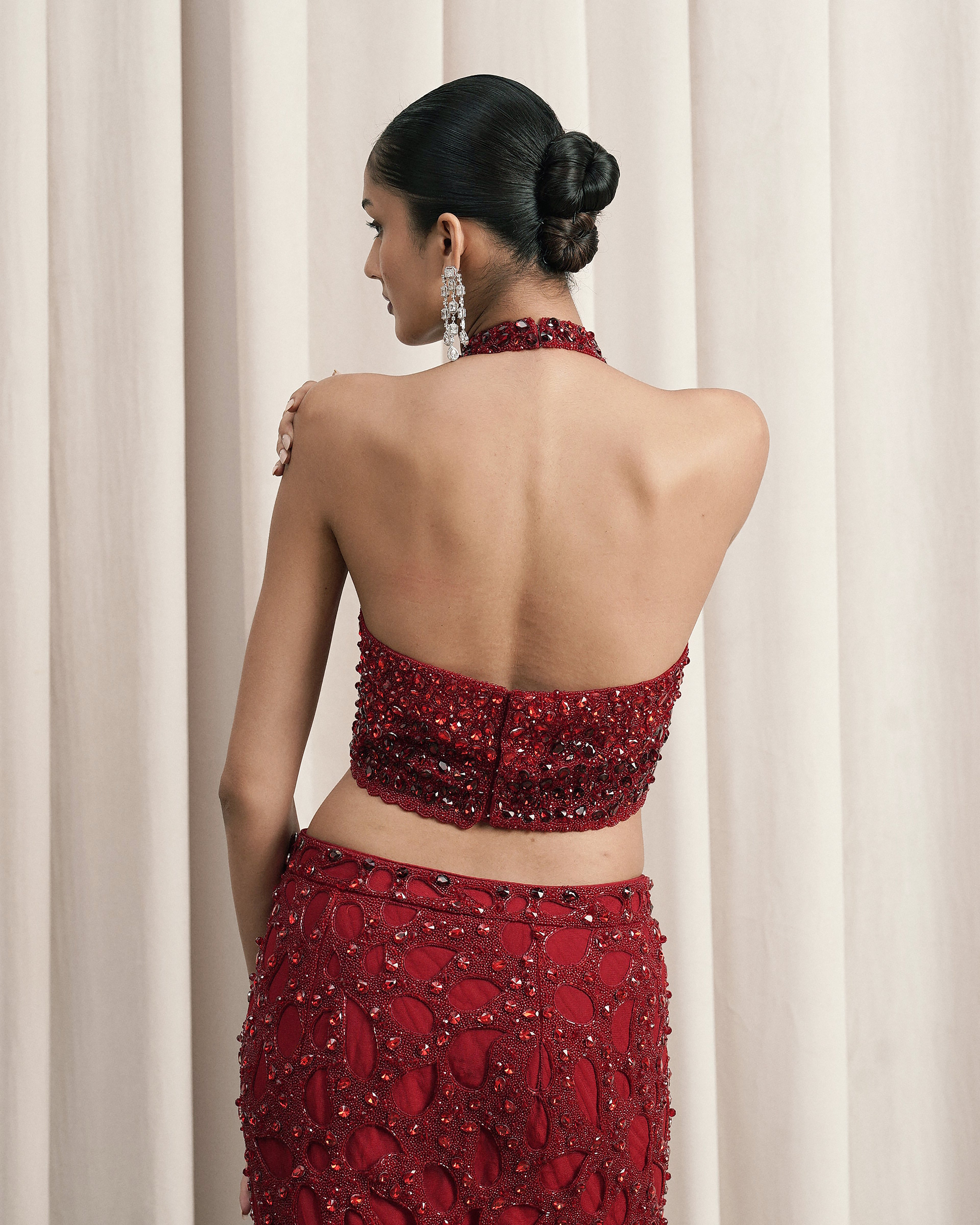 Red Halter-neck Top With Slit Skirt