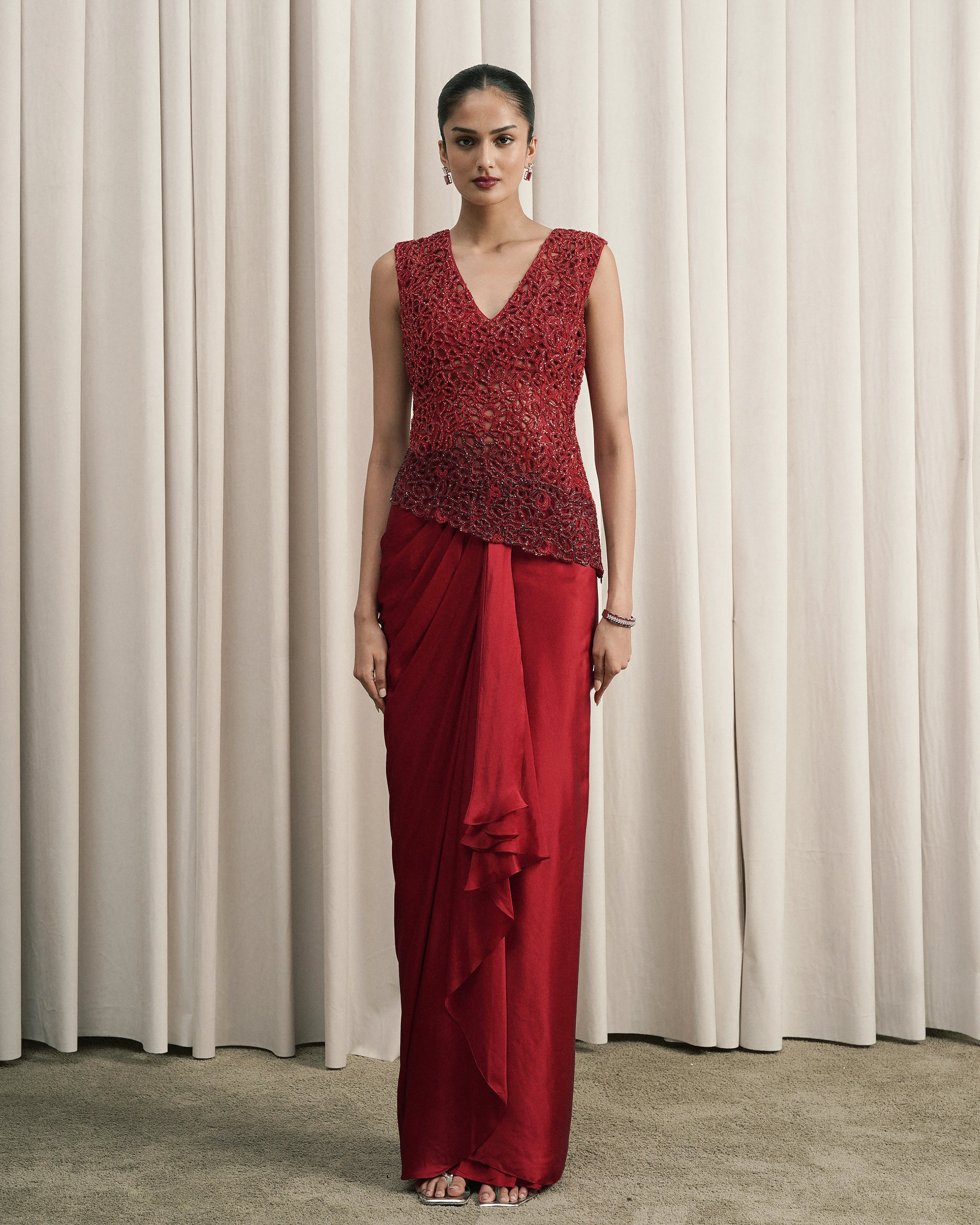 Red Embroidered Top And Draped Skirt Set
