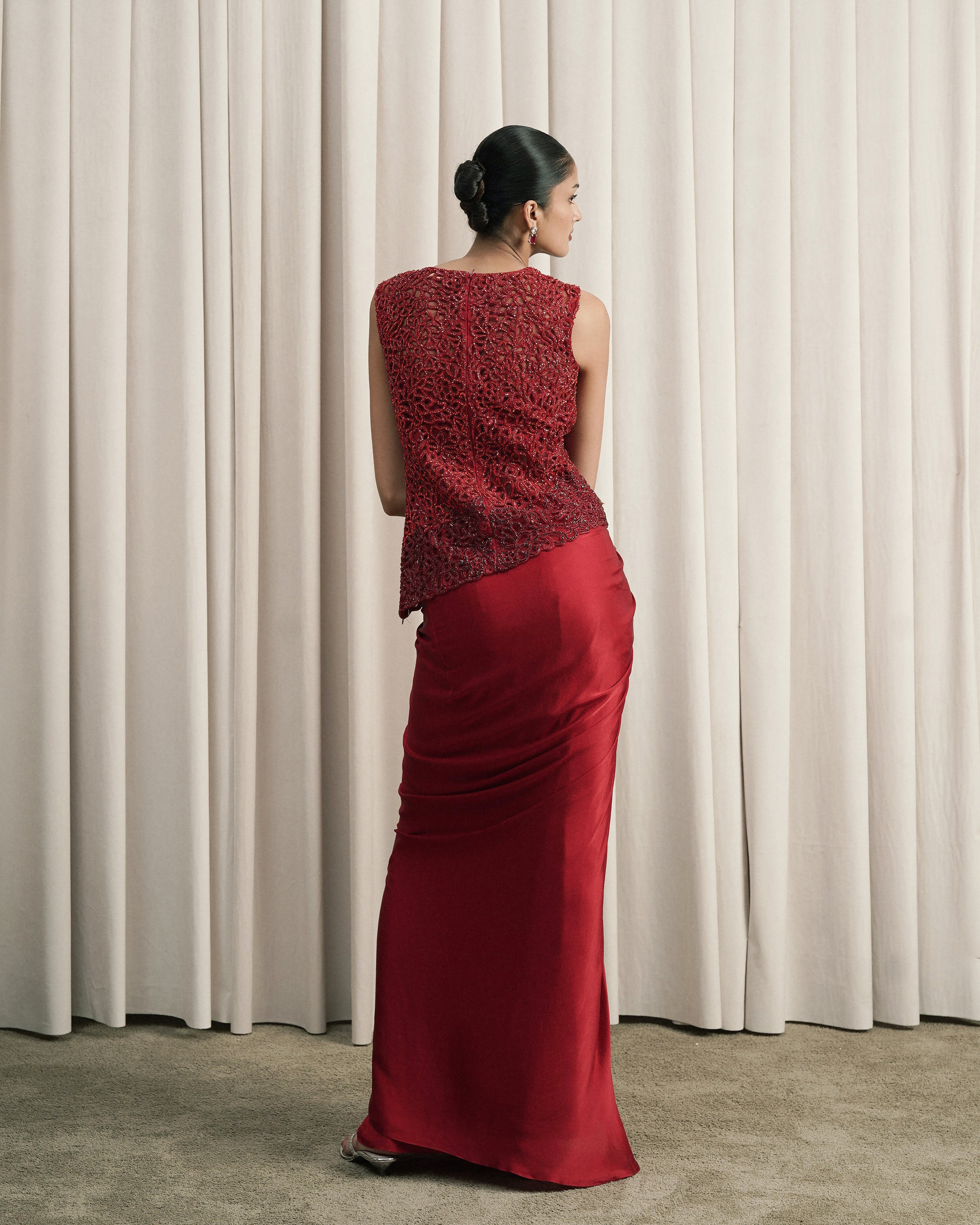 Red Embroidered Top And Draped Skirt Set