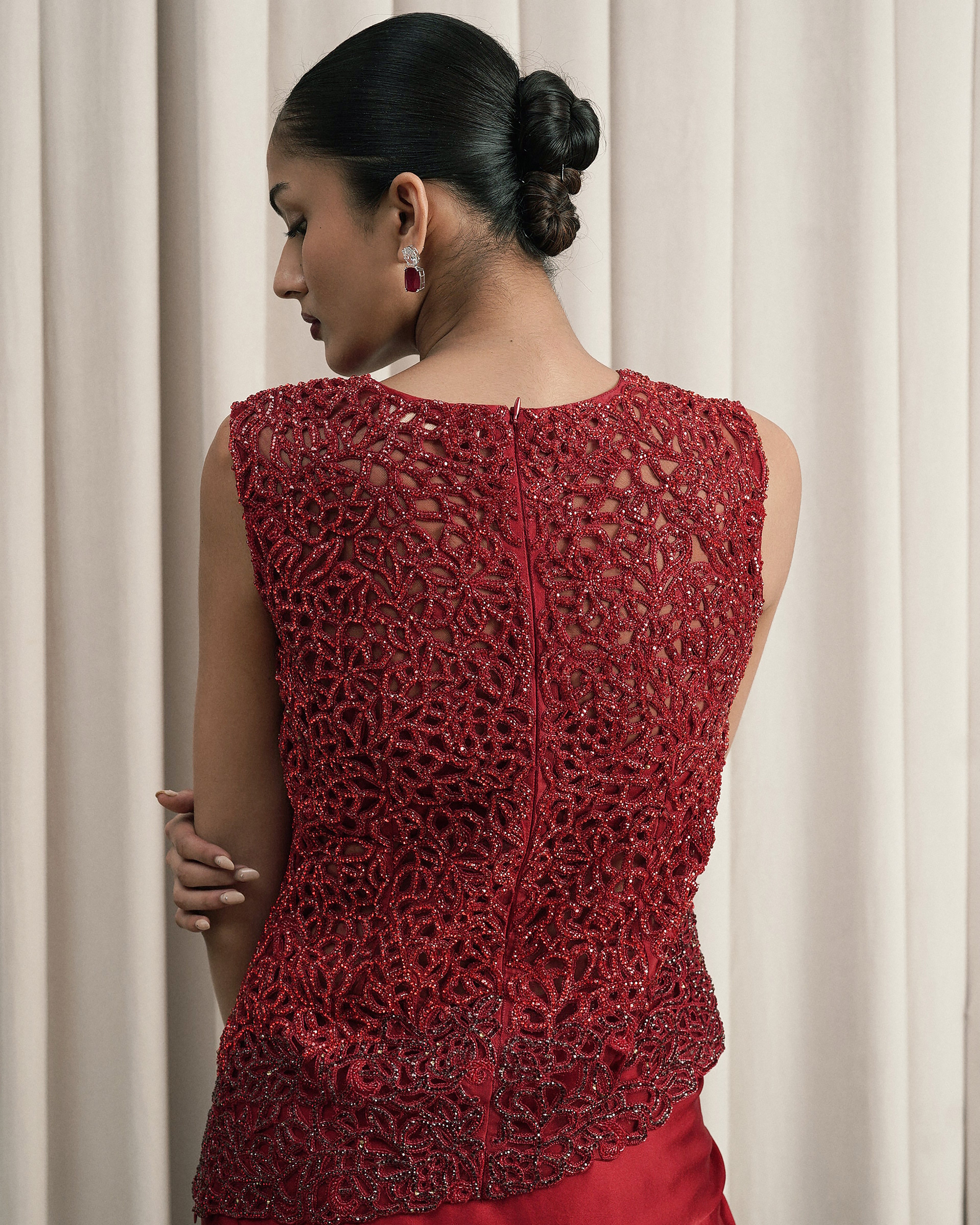 Red Embroidered Top And Draped Skirt Set