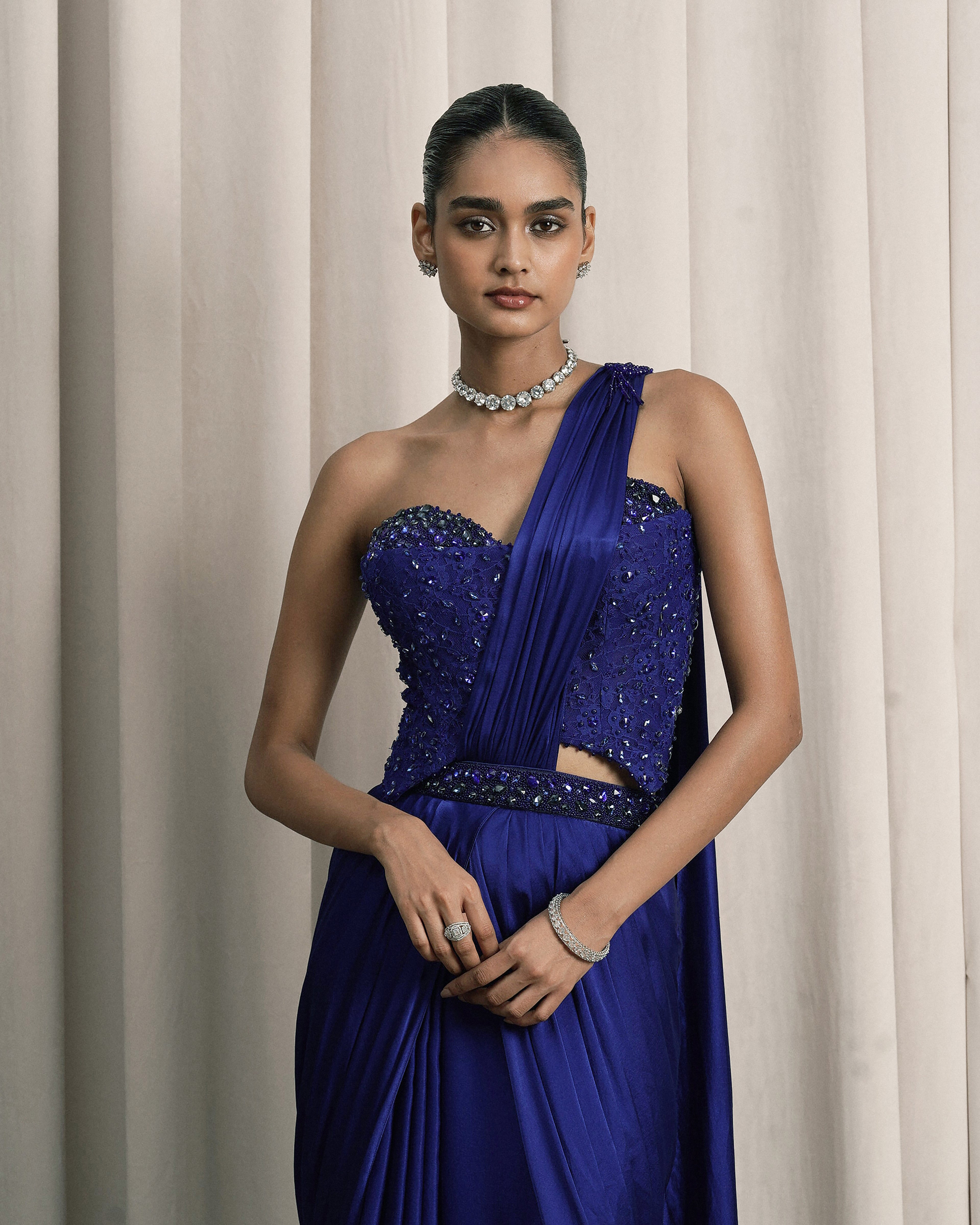 Royal Blue Pre-draped Saree With Chantilly Corset