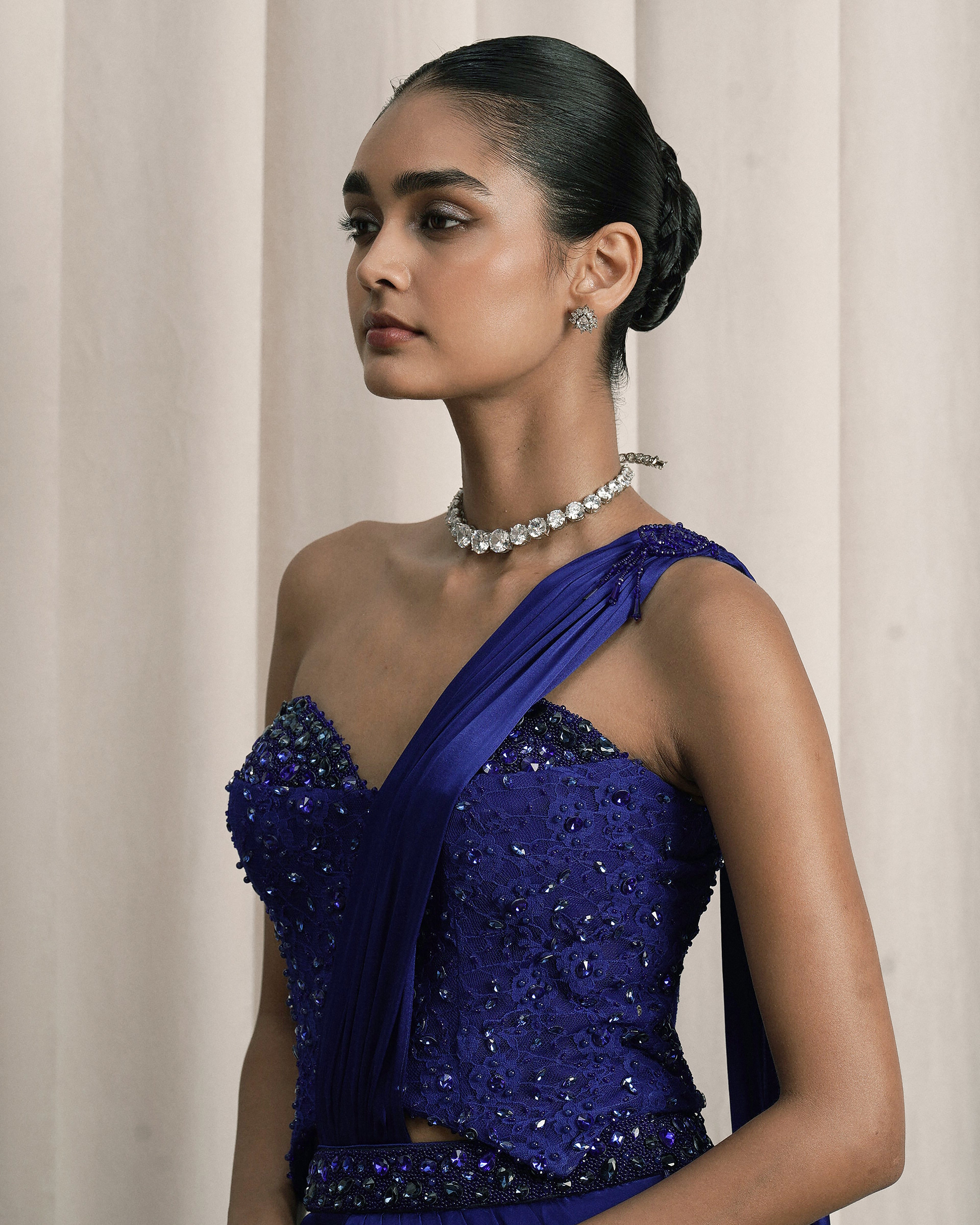 Royal Blue Pre-draped Saree With Chantilly Corset