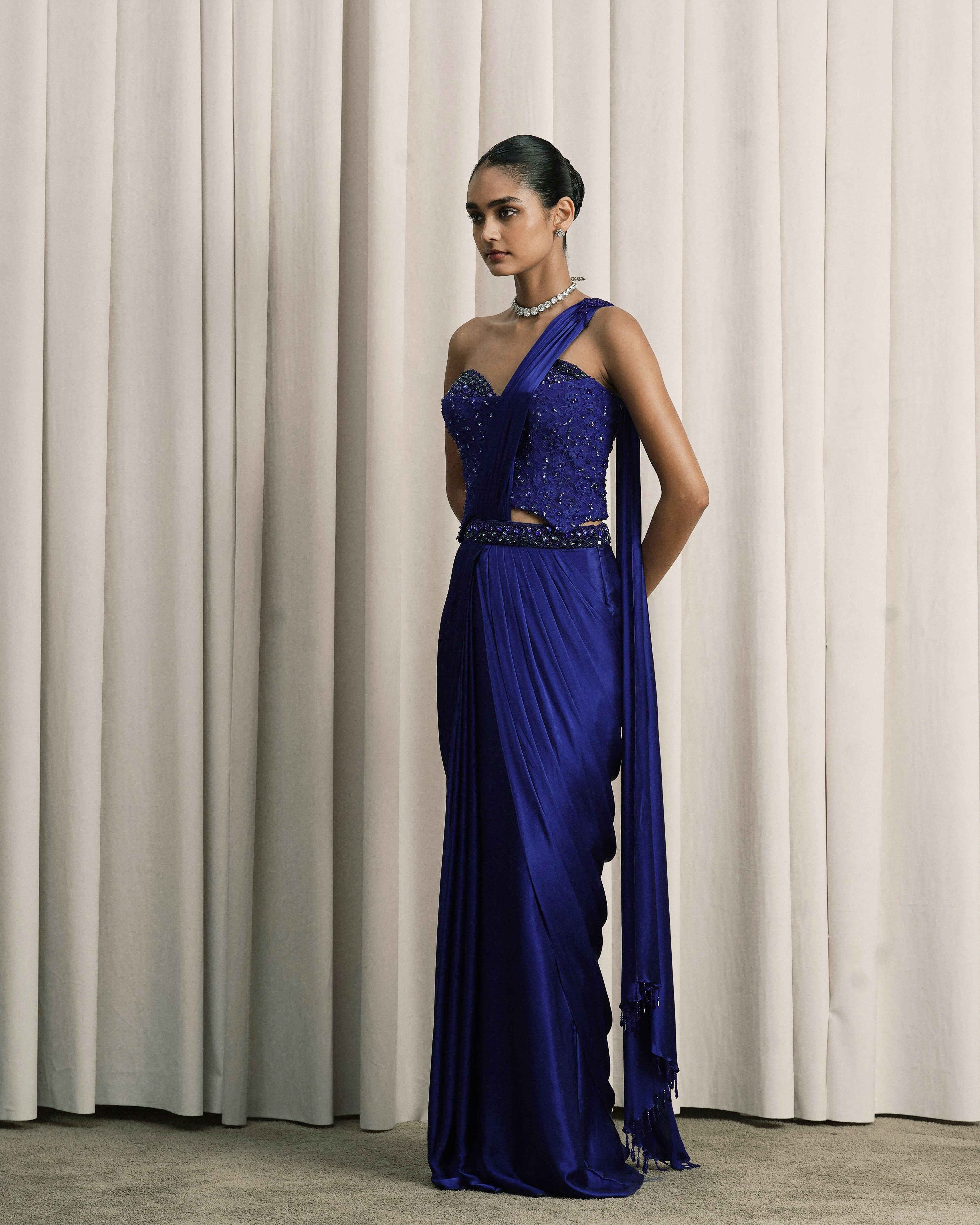 Royal Blue Pre-draped Saree With Chantilly Corset