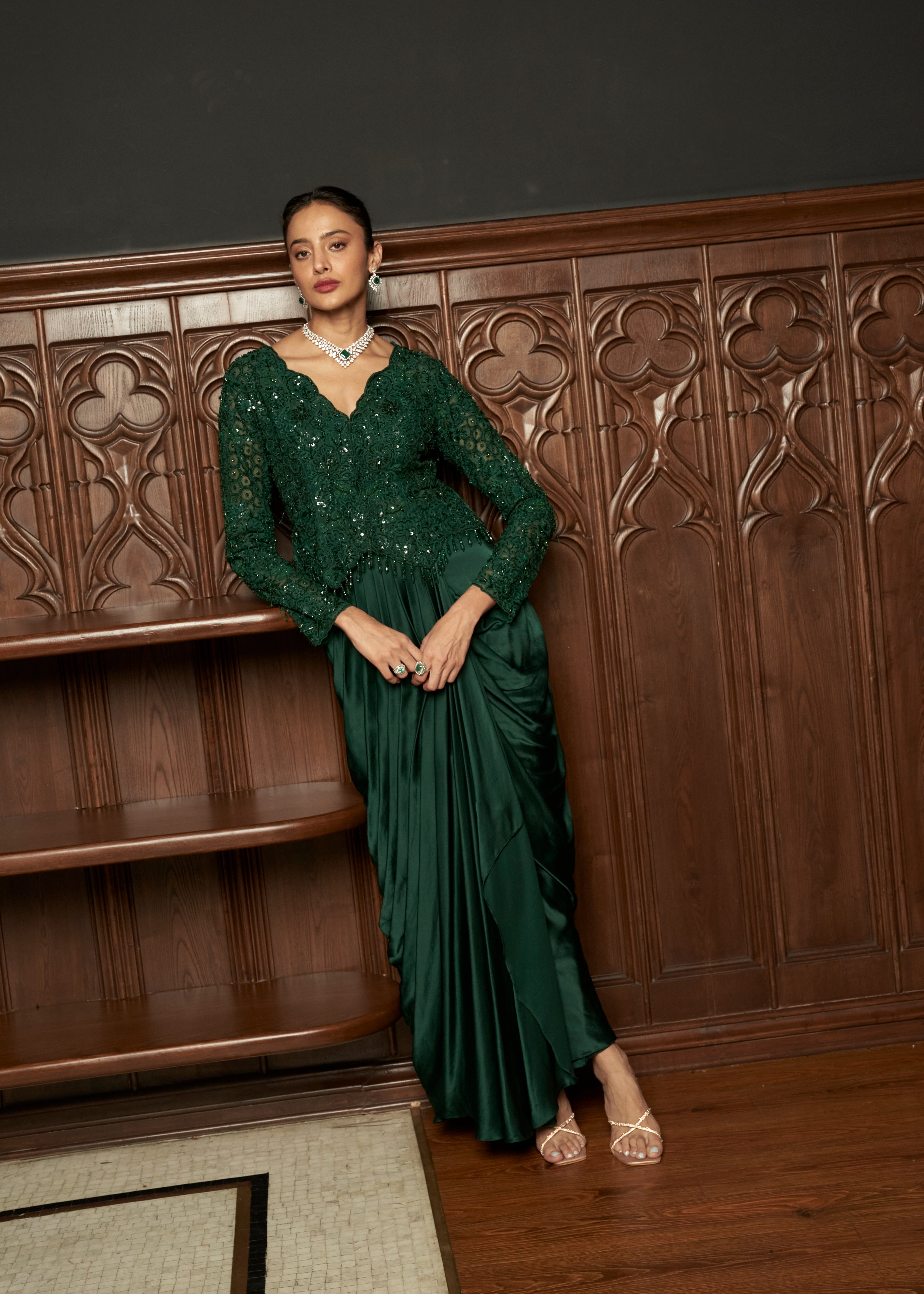 Emerald Embroidered Jacket With Draped Skirt