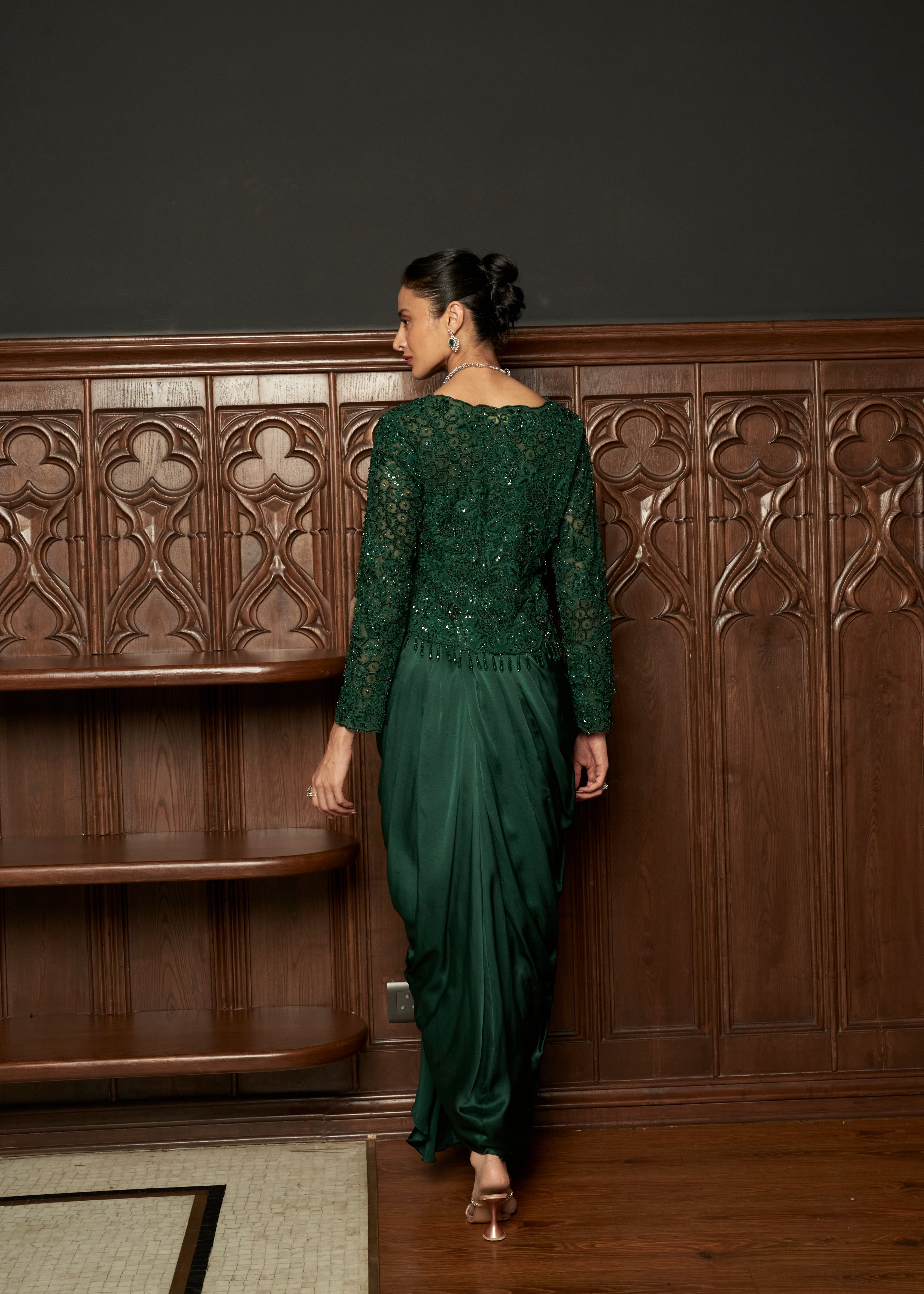 Emerald Embroidered Jacket With Draped Skirt