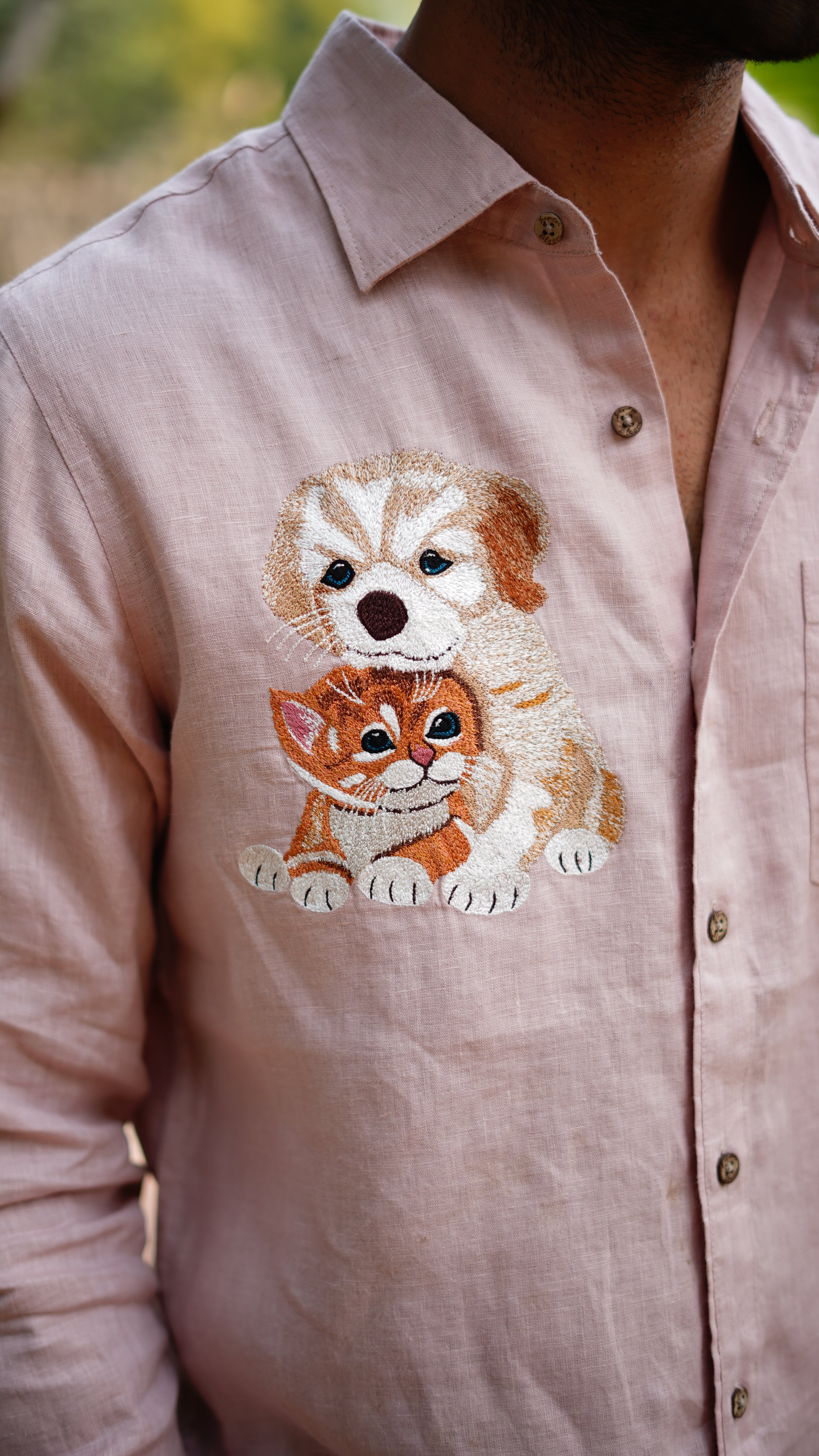 Pink Dog And Cat Embroidery Shirt