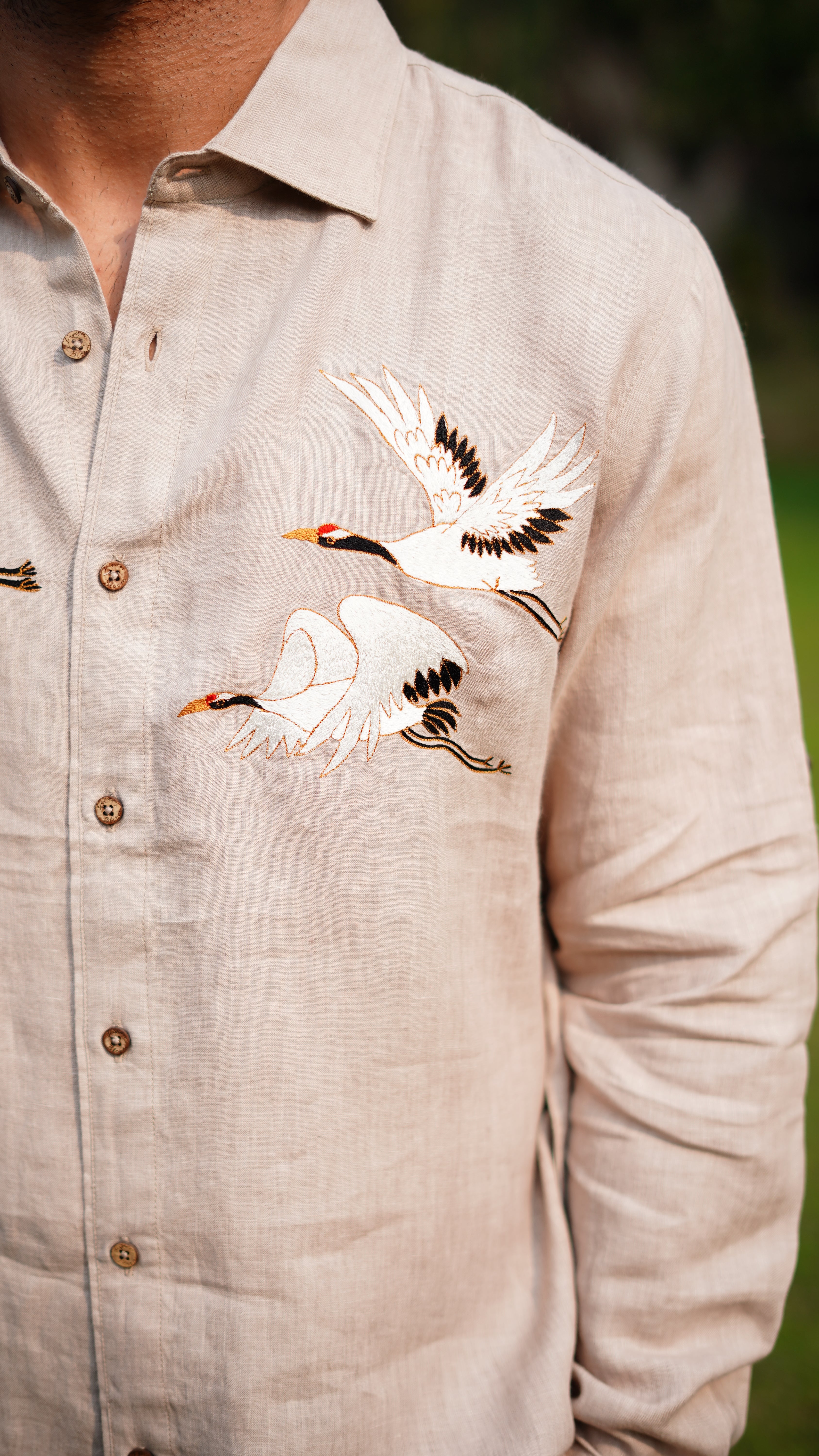 Beige Cranes Embroidery Shirt