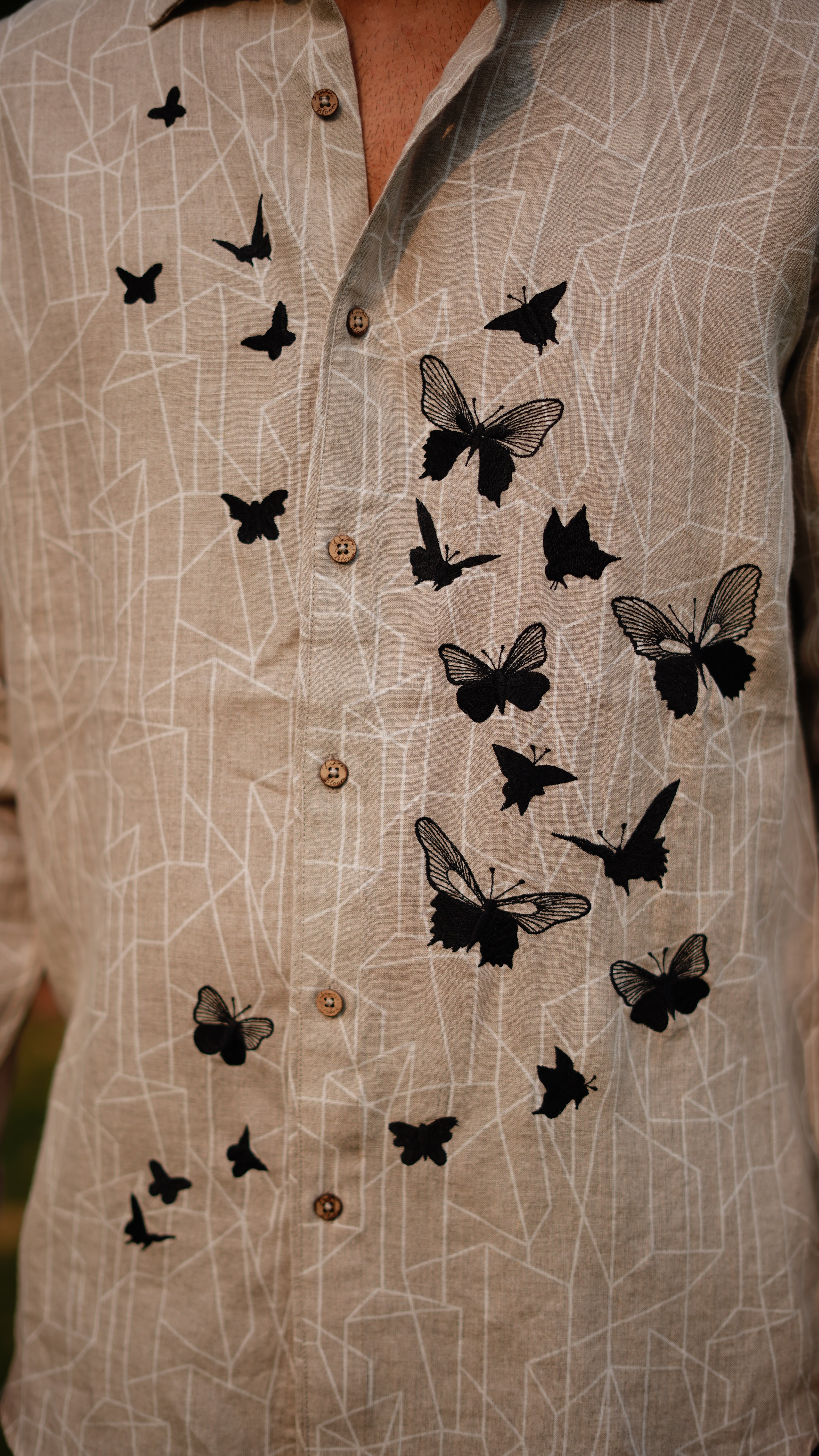Beige Geometric Print Butterfly Embroidrey Shirt