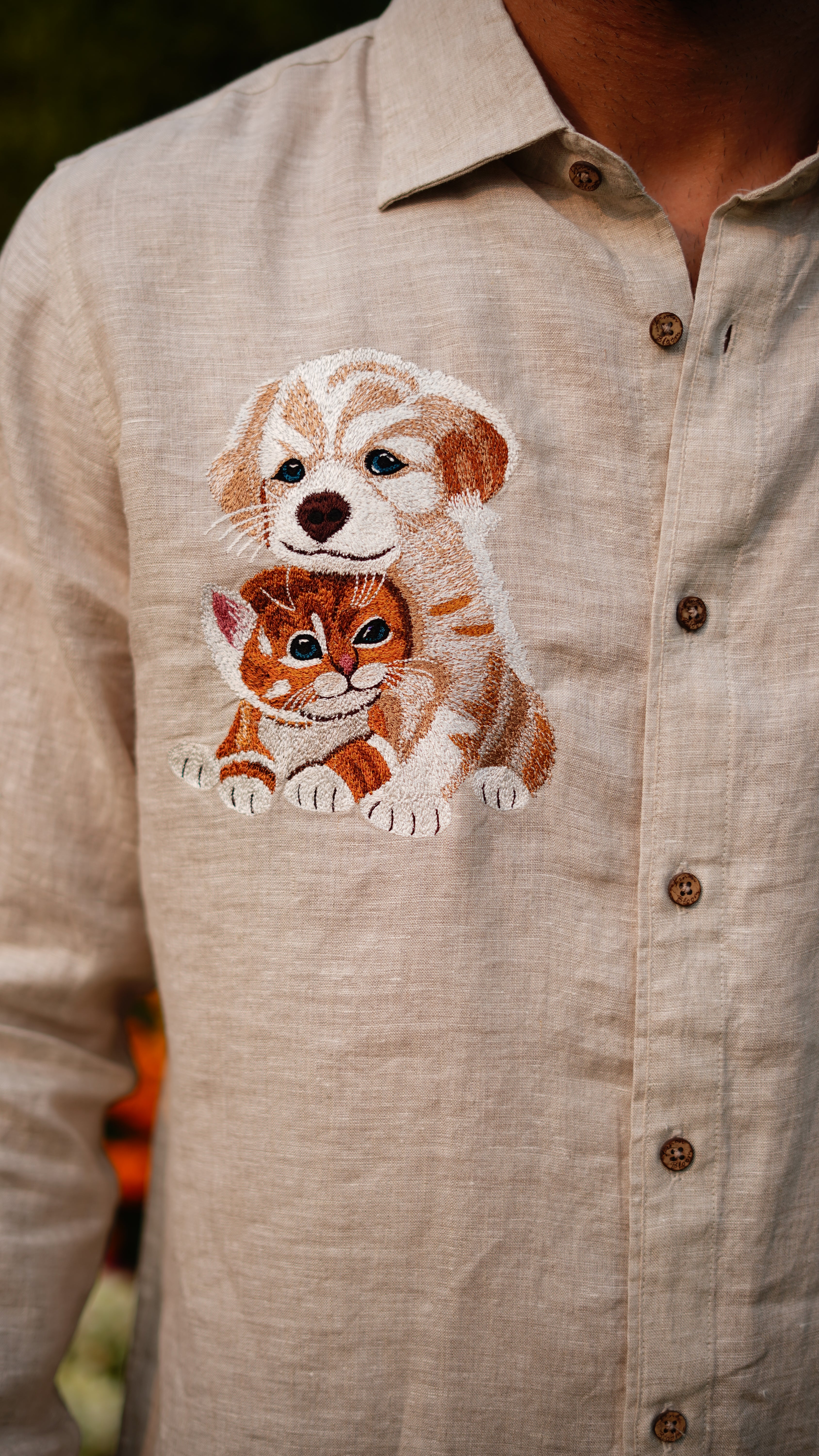 Beige Dog And Cat Embroidery Shirt
