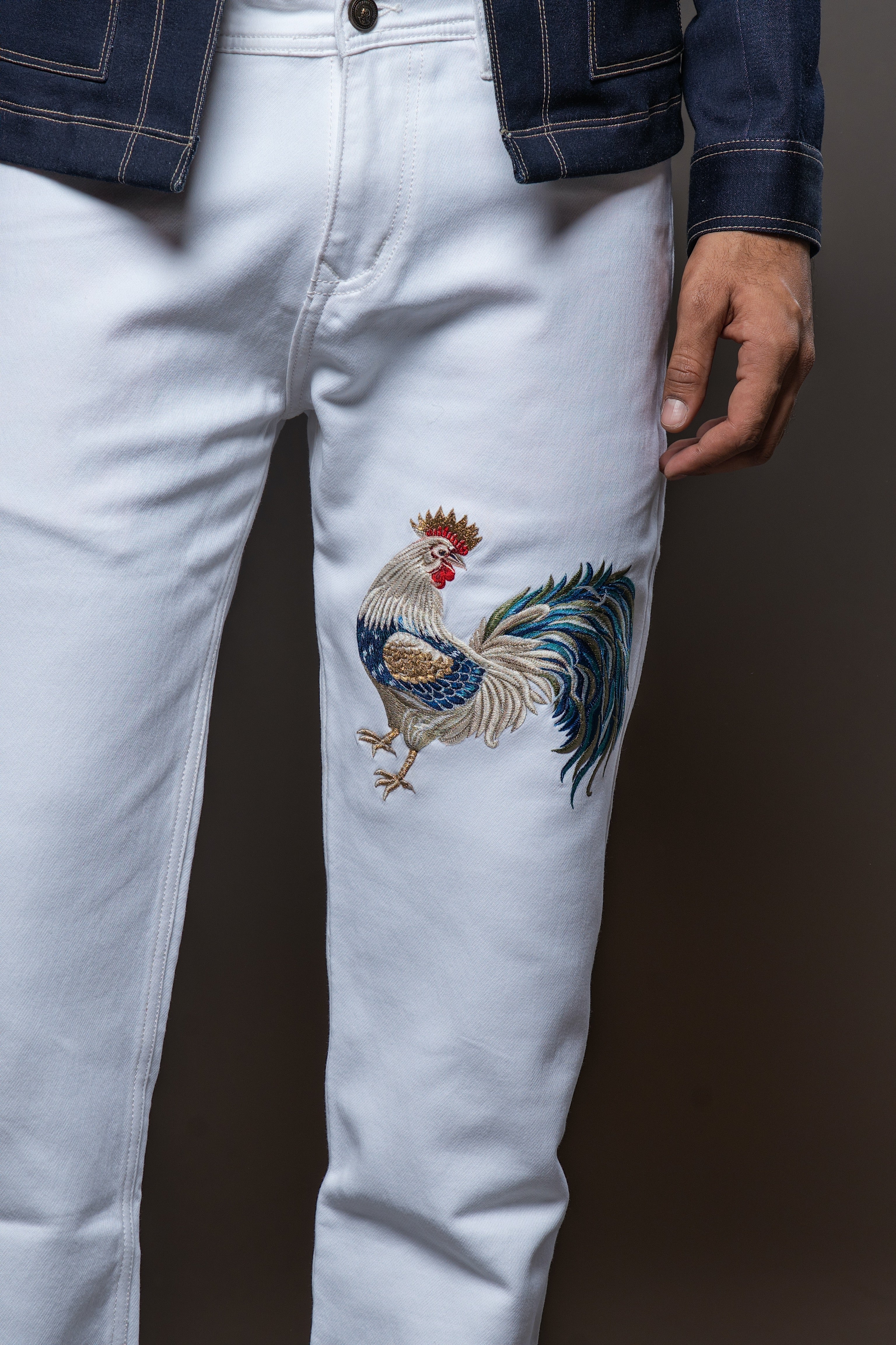 Off White Denim jeans With Dancing Cock Embroidery