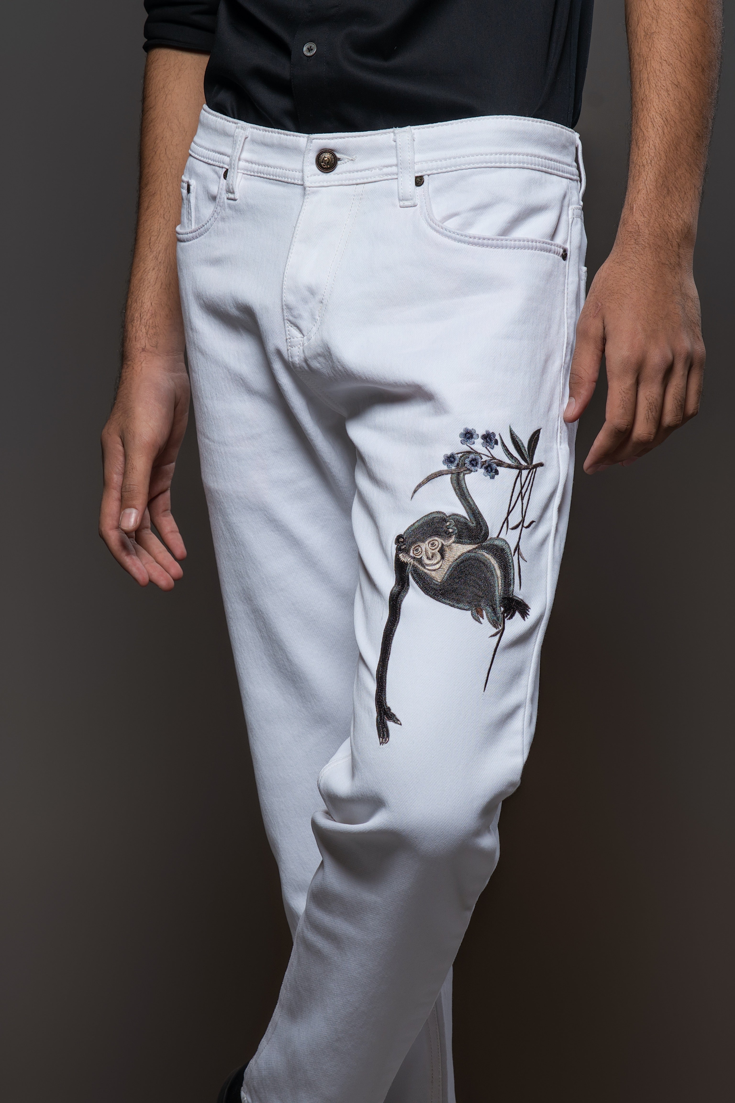 Off White Jeans With monkey Embroidery