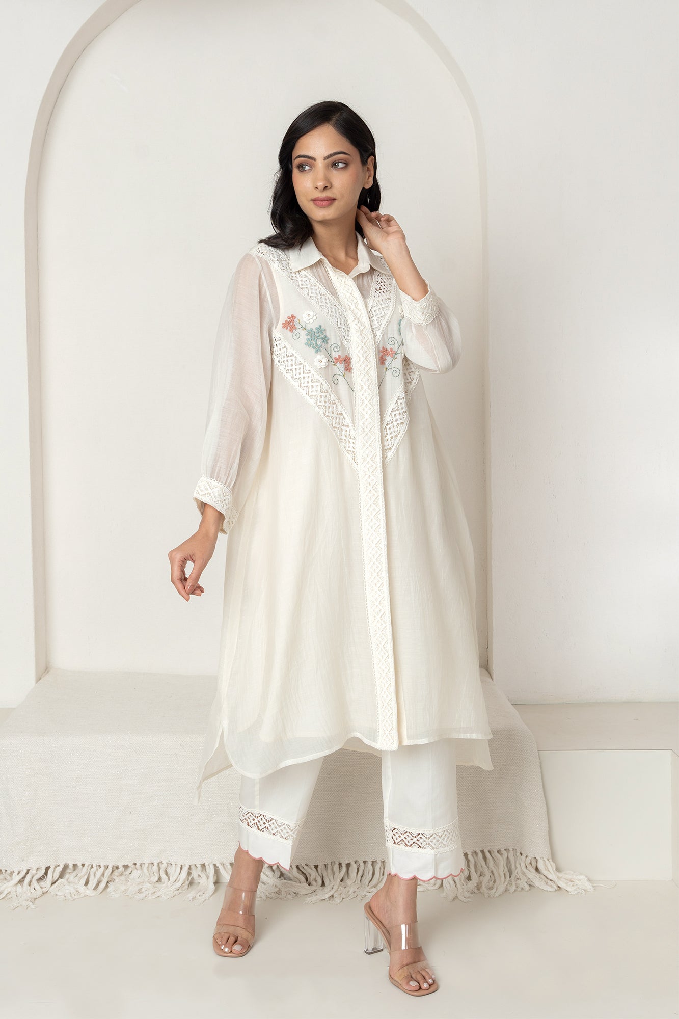 Off-White Chanderi Collared Kurta Set