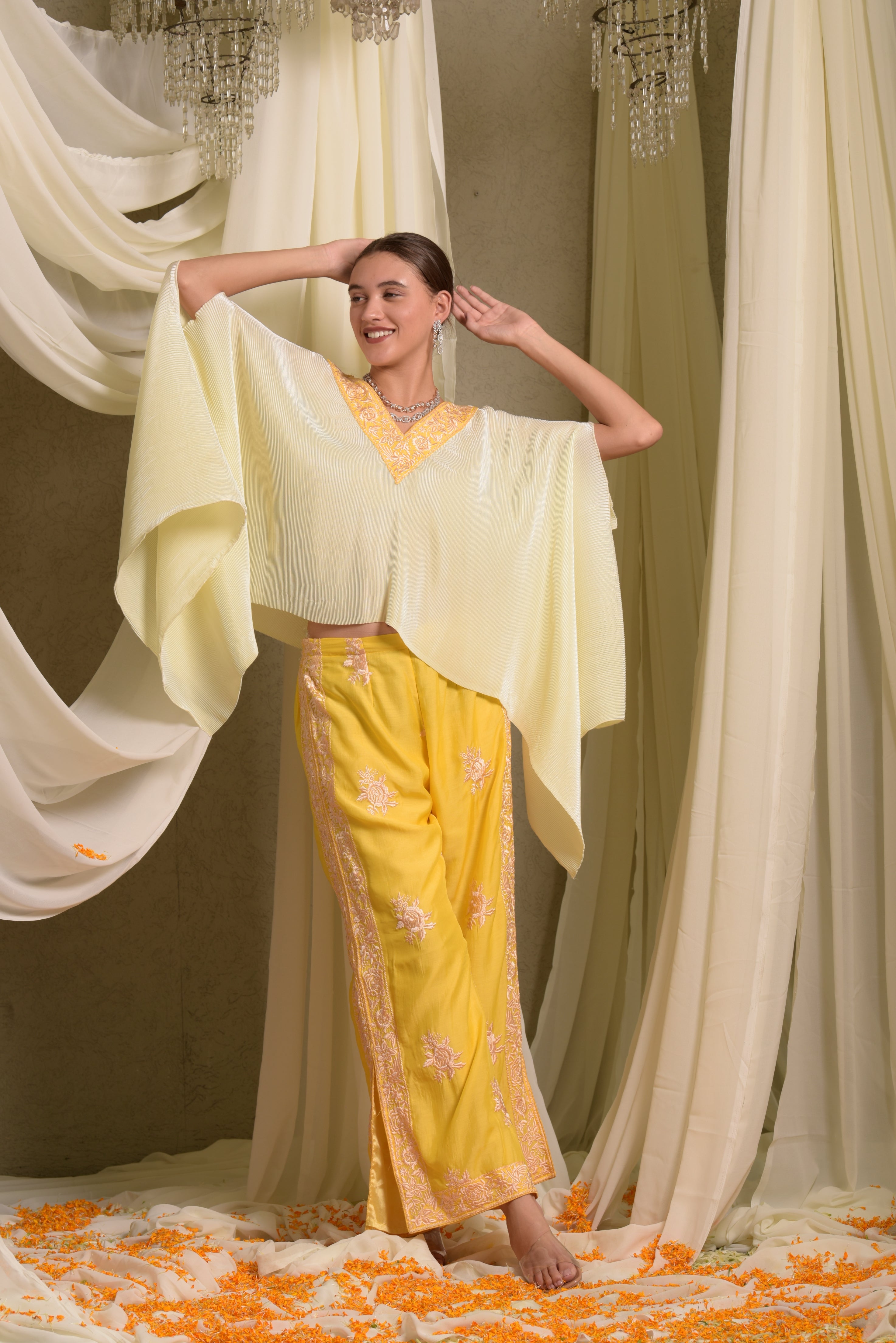 Reyna Gara Glazed Pleated Cape With Pants