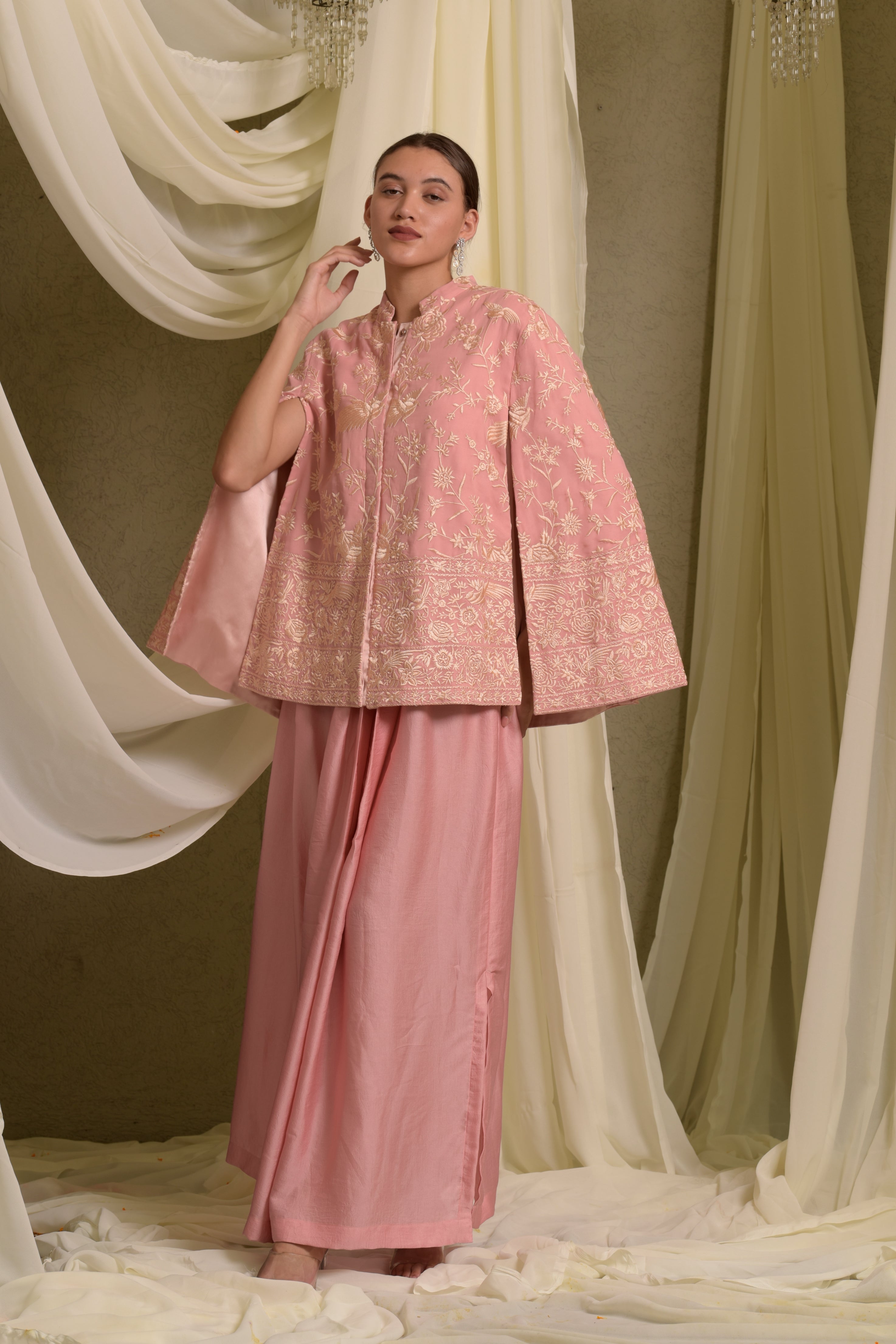 Reyna Gara Glazed Cape Jacket With Dhoti Skirt