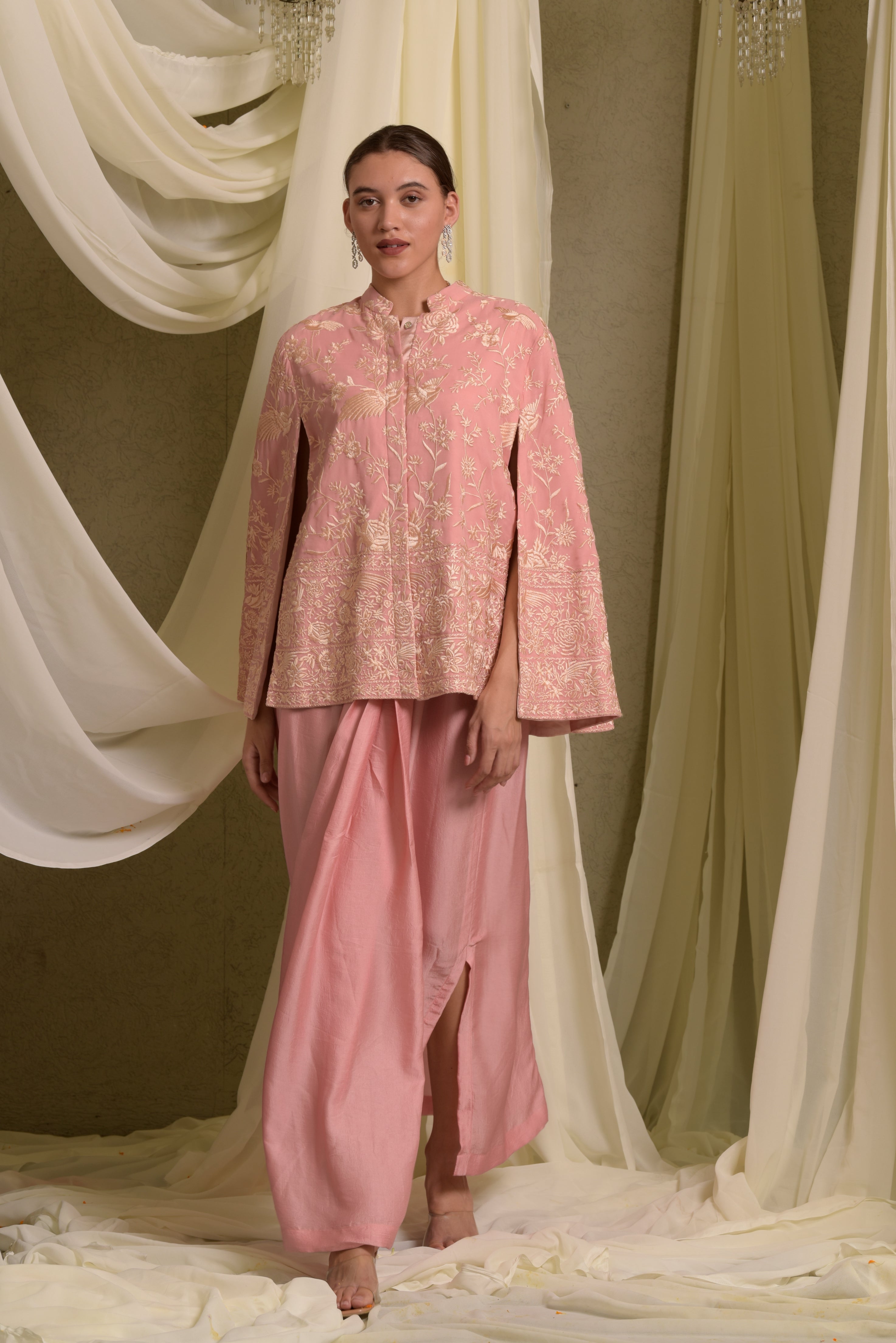 Reyna Gara Glazed Cape Jacket With Dhoti Skirt