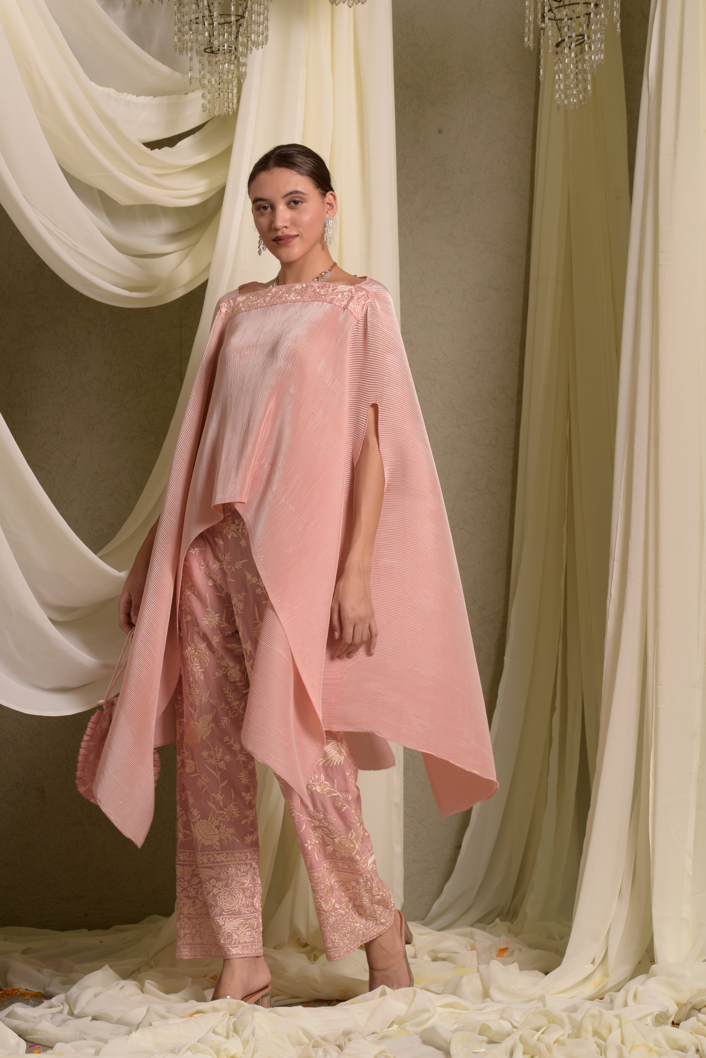 Reyna Gara Glazed Pleated Cape With Slit Pants