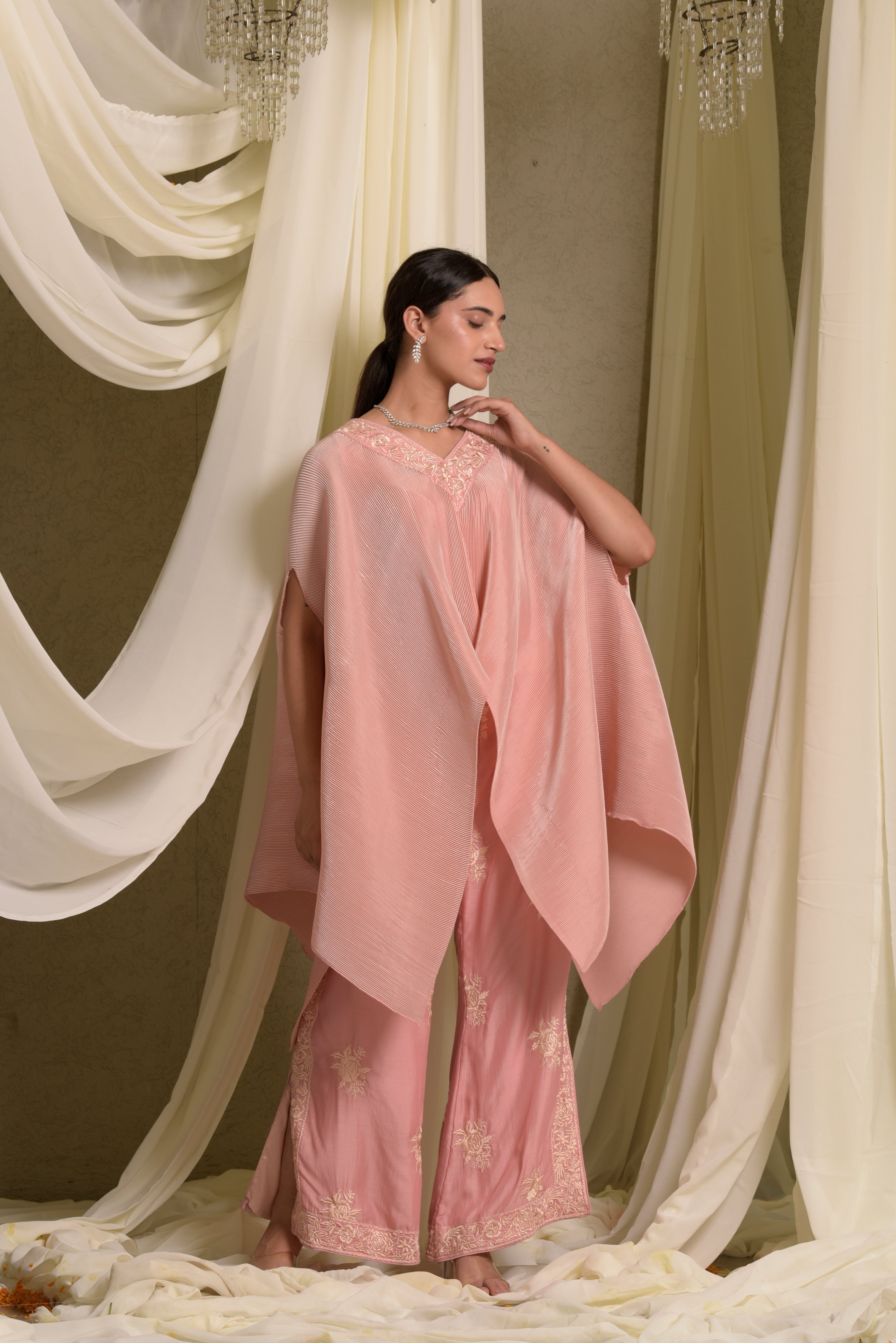 Reyna Gara Glazed Pleated Cape With Pants