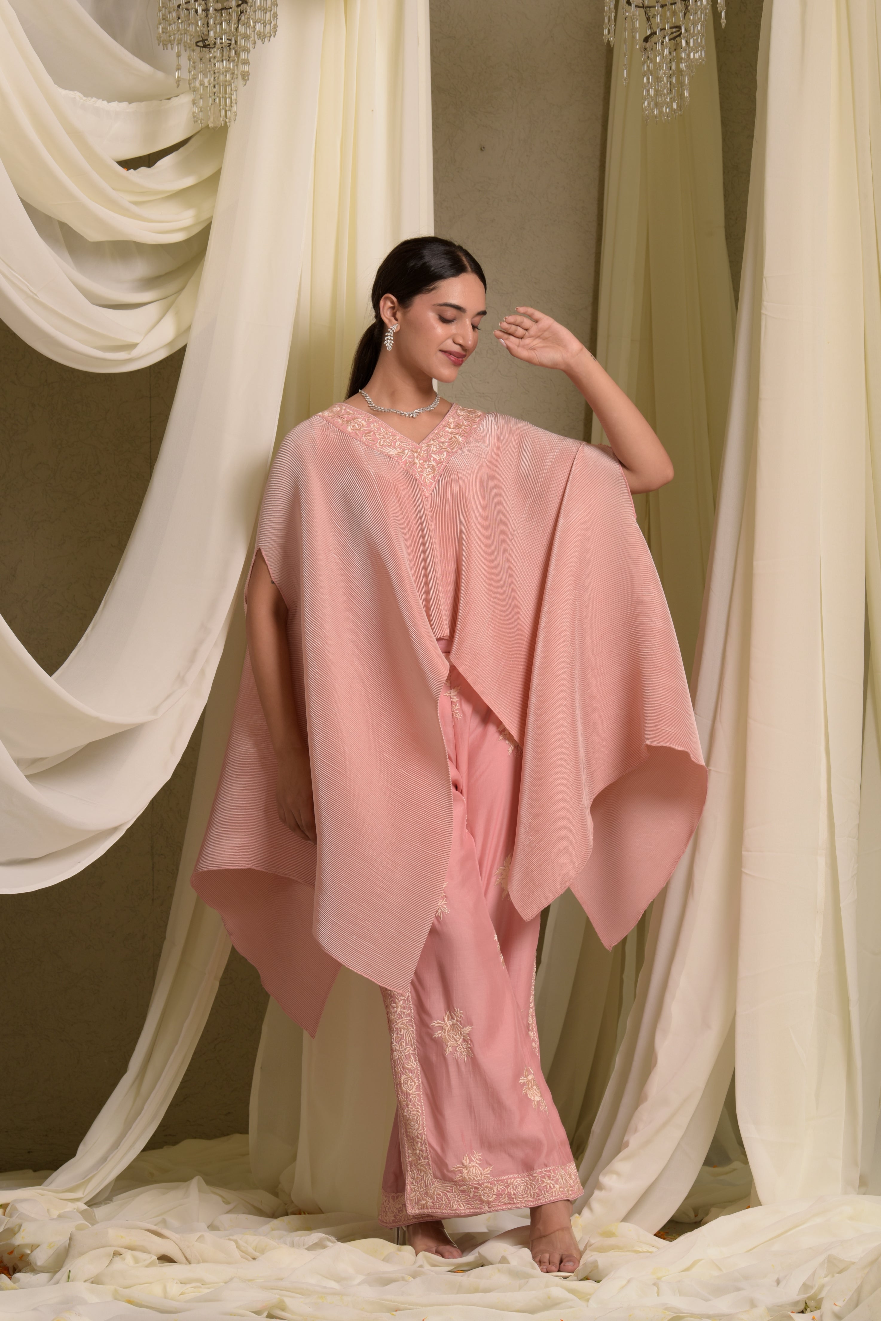 Reyna Gara Glazed Pleated Cape With Pants