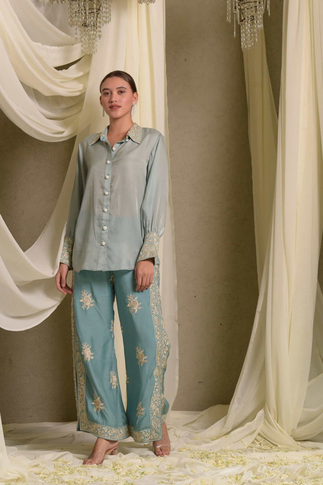 Reyna Gara Glazed Shirt With Slit Pants