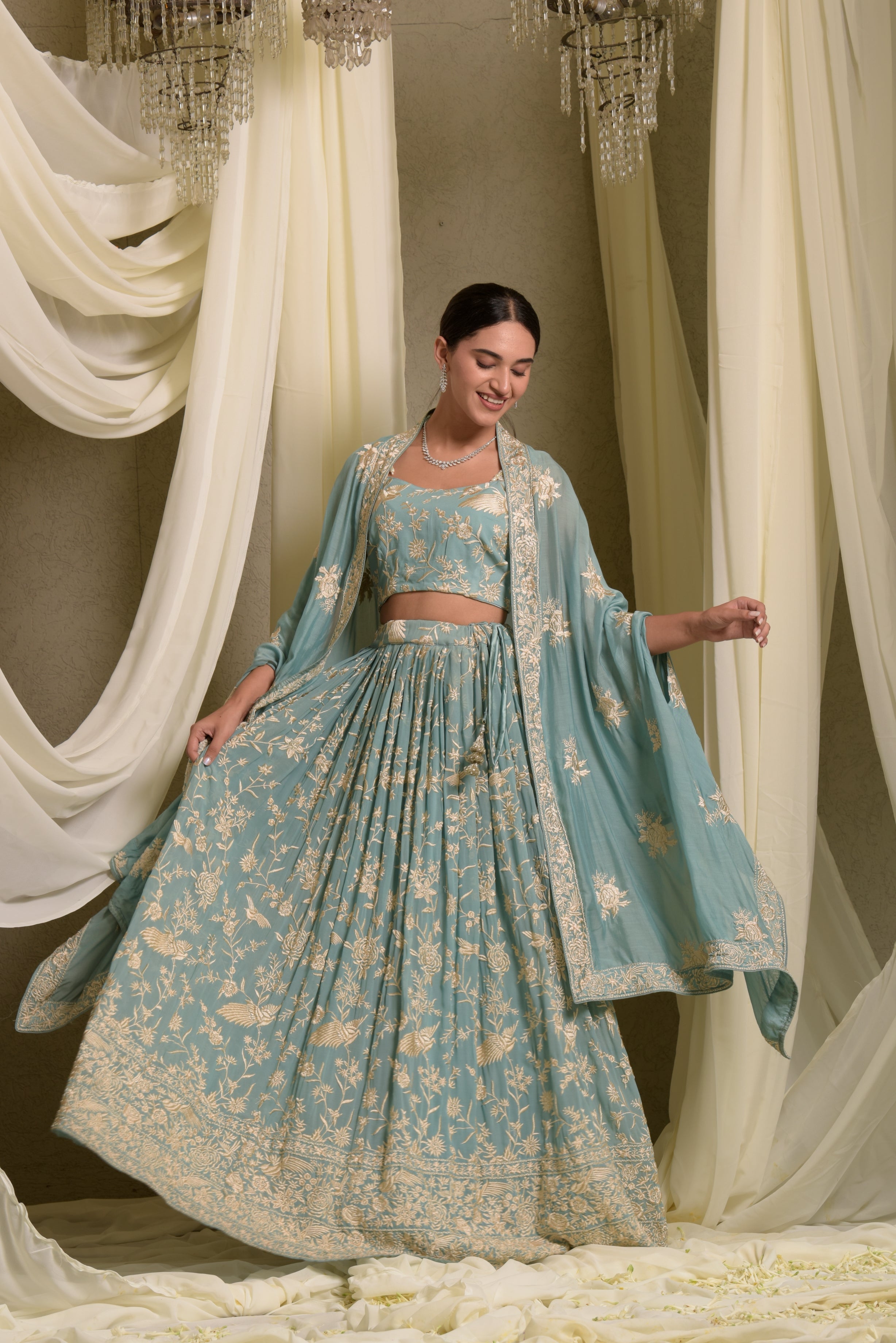 Reyna Gara Glazed Ghagra  - Mint