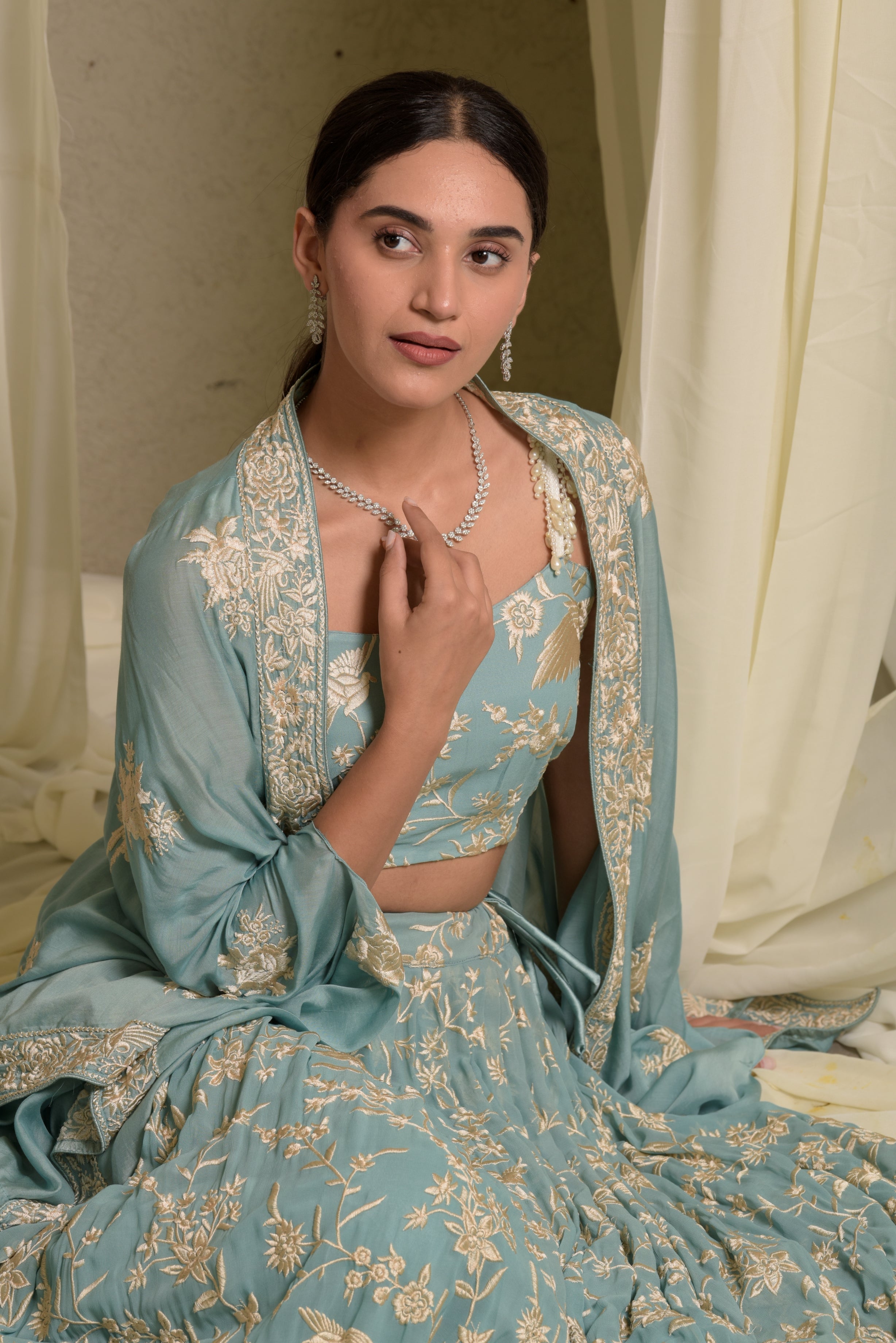 Reyna Gara Glazed Ghagra  - Mint