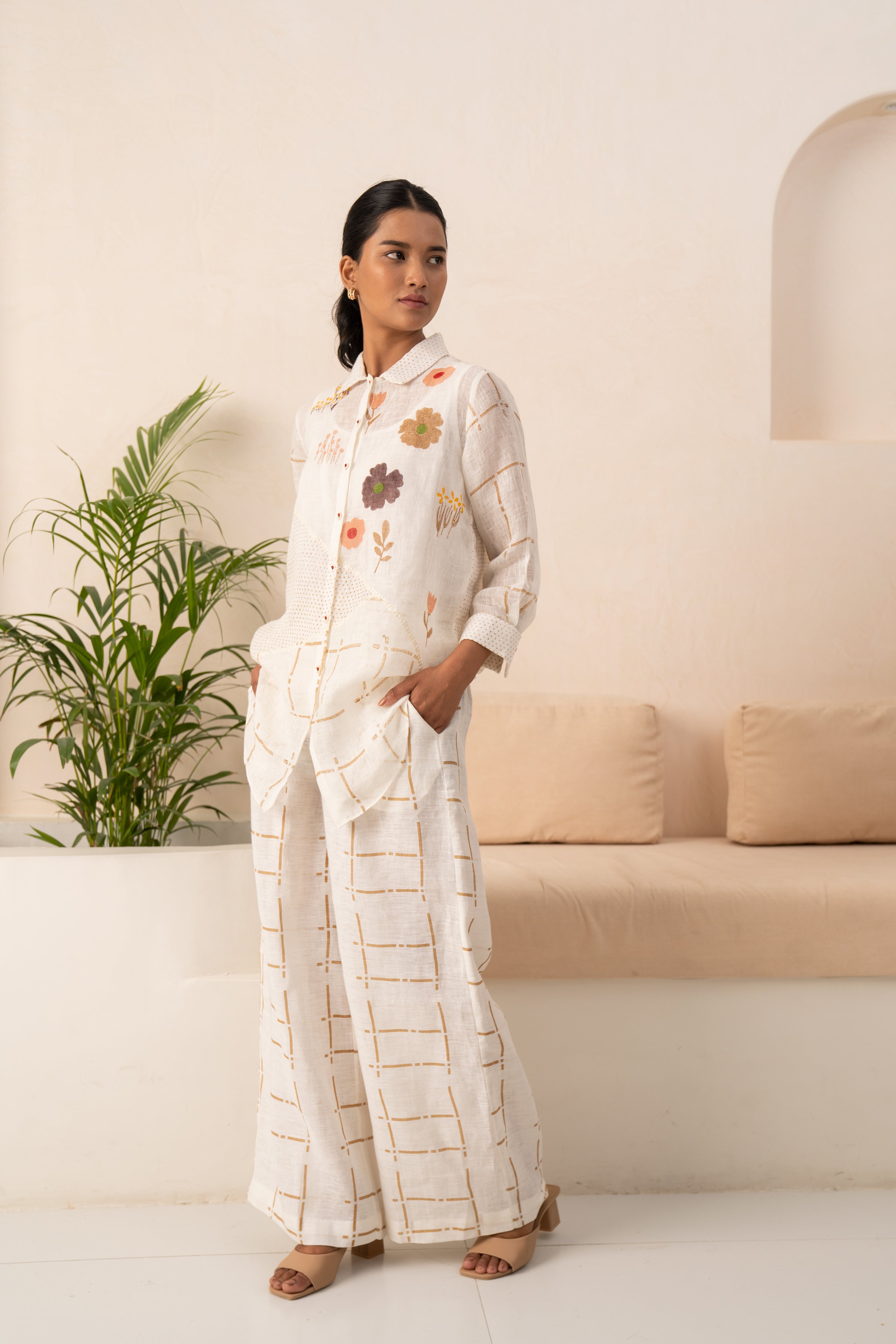 White Linen Shirt paired with Cotton Silk Pants