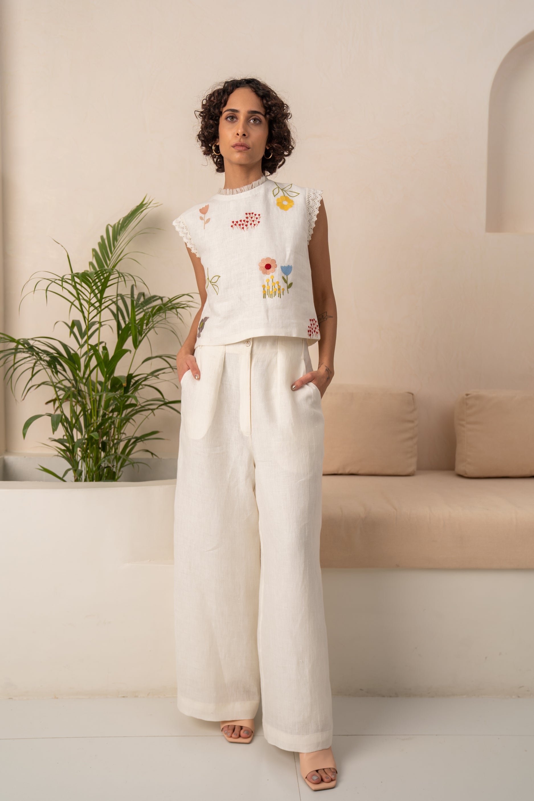 Ivory Embroidered Shirt & Solid Linen Pants