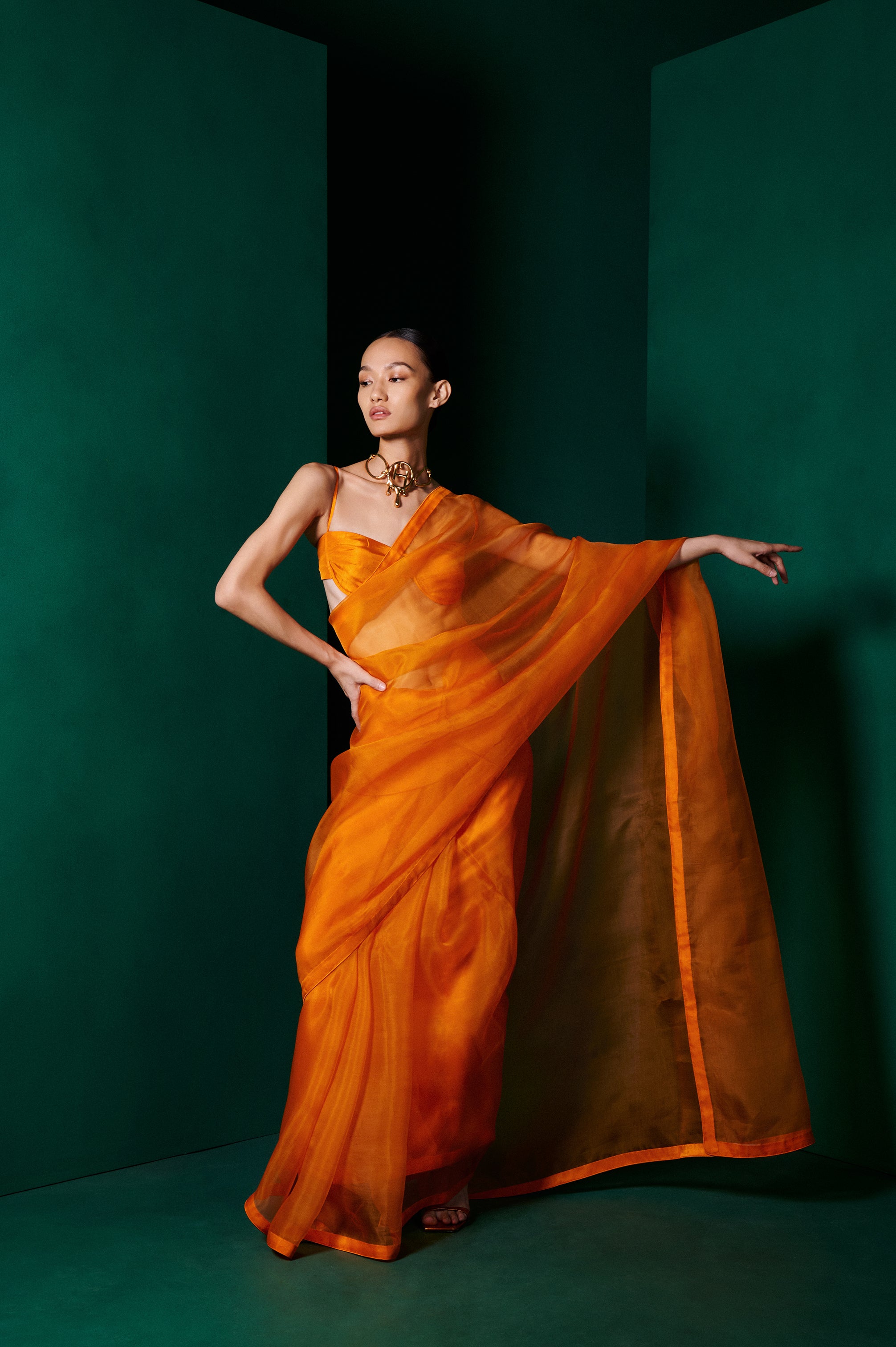 Handwoven Tangerine Orange Organza Sari