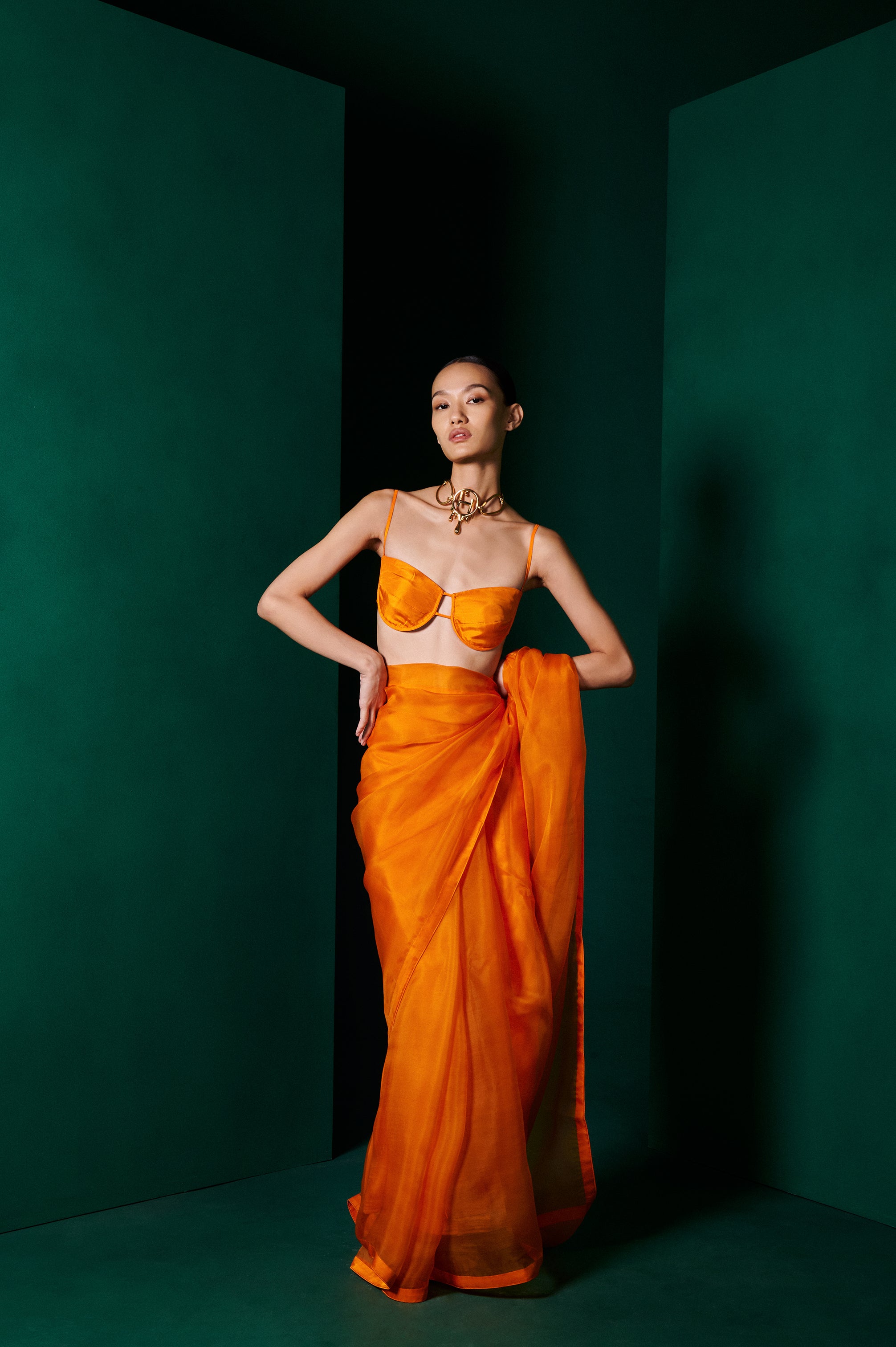 Handwoven Tangerine Orange Organza Sari