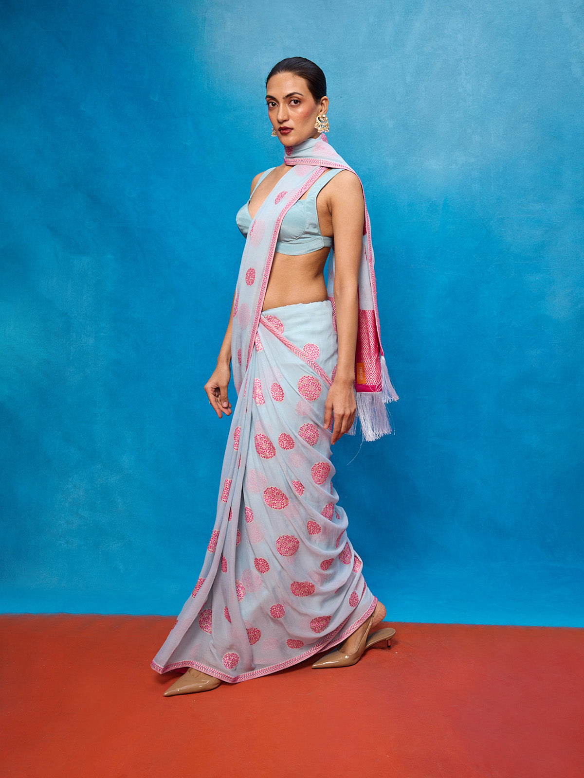 Handwoven Ice Blue Chiffon Banarasi Saree