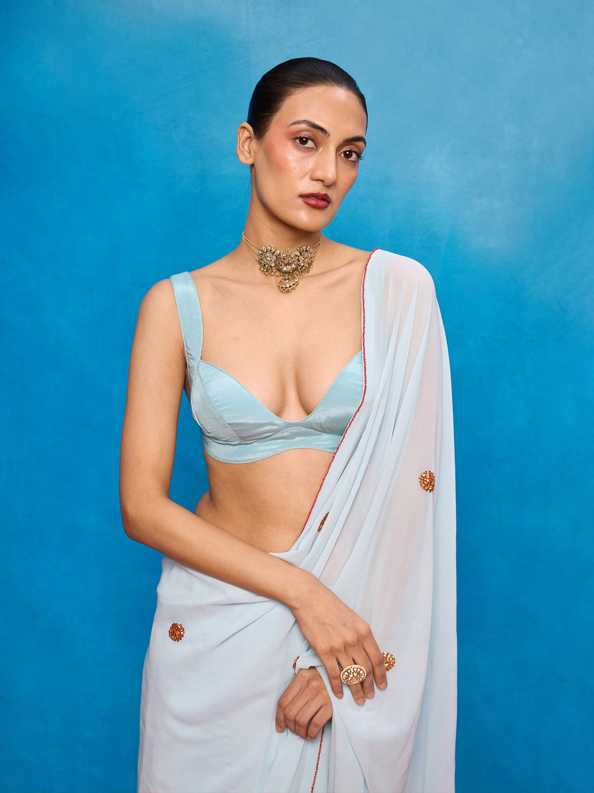 Handwoven Ice Blue Georgette Embroidered Saree