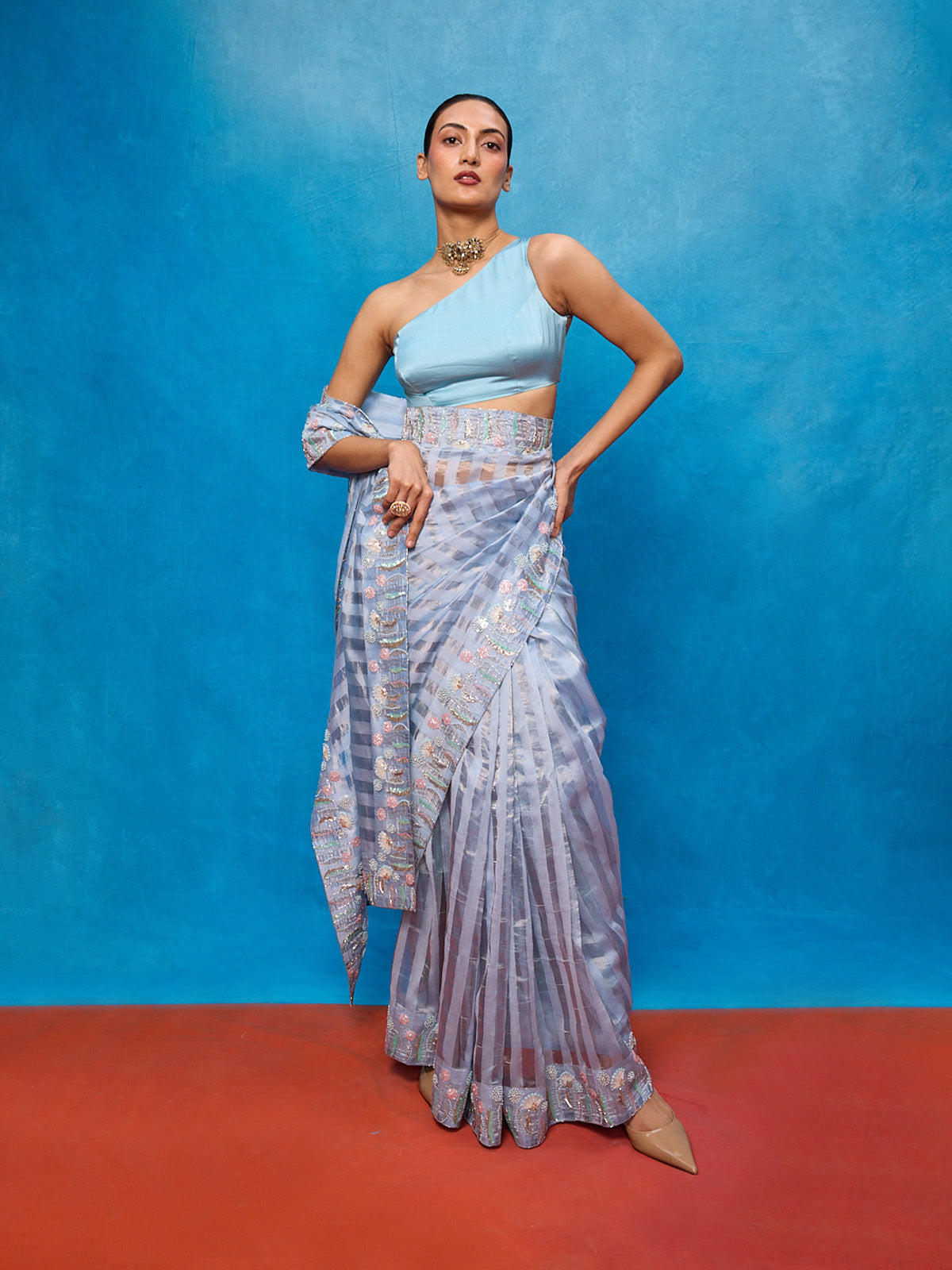 Handwoven Ice Blue Tissue Embroidered Saree