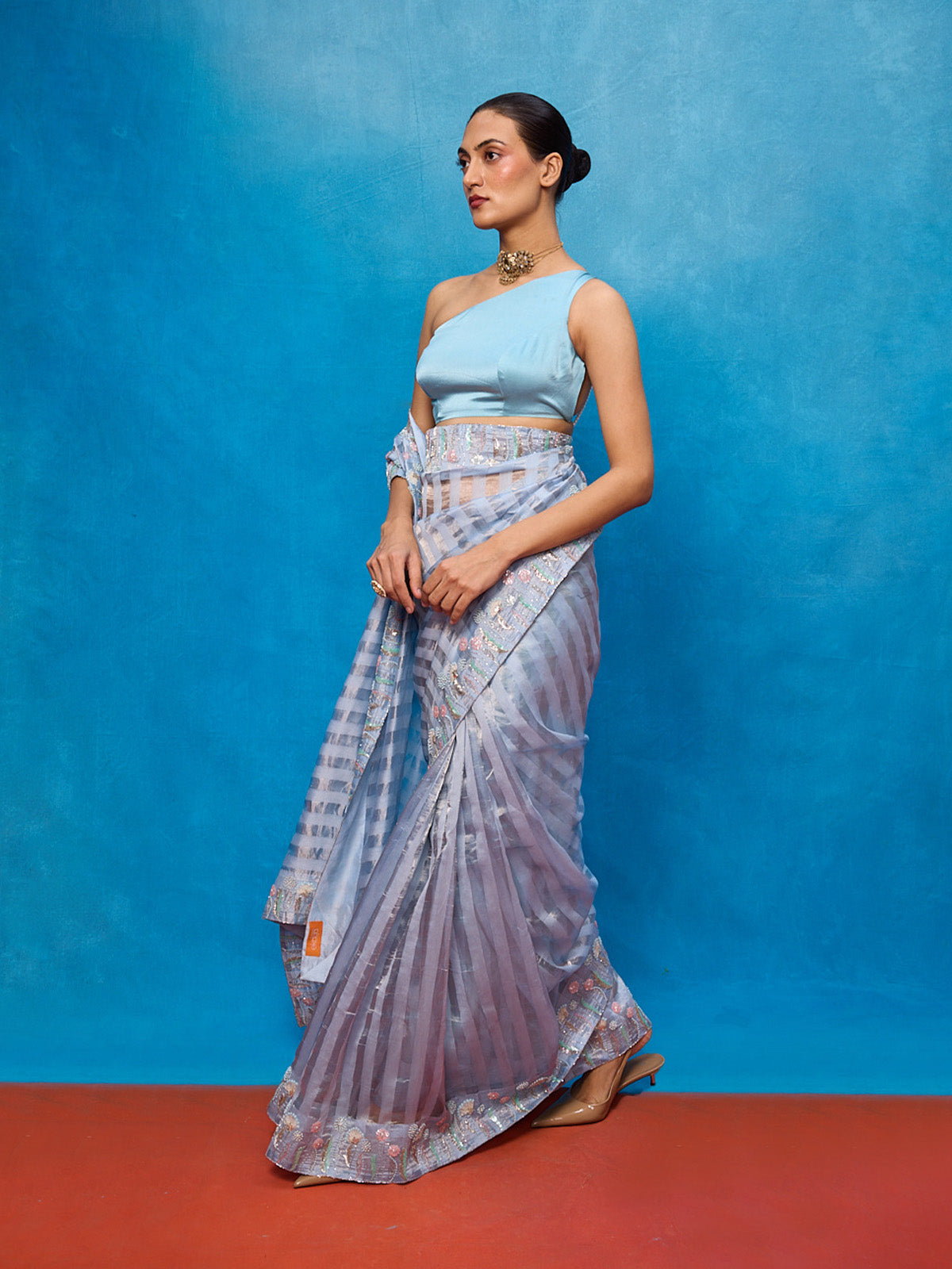 Handwoven Ice Blue Tissue Embroidered Saree