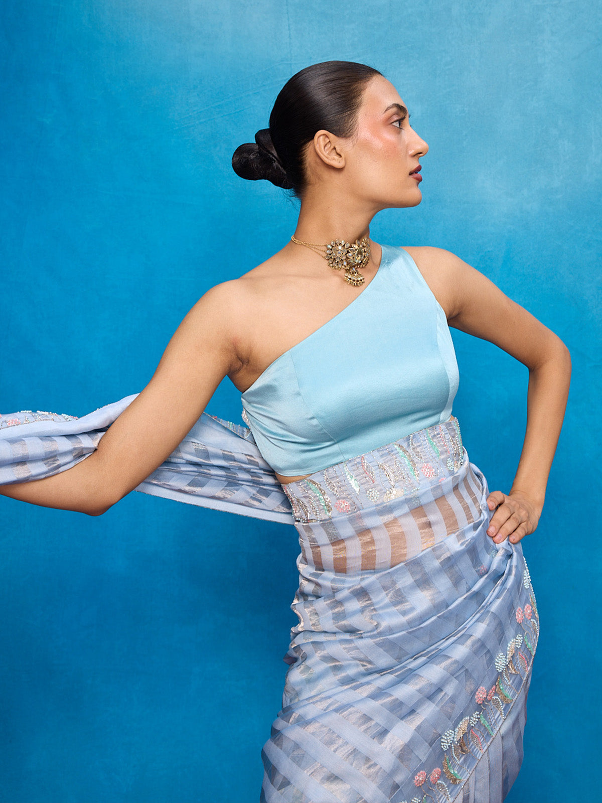 Handwoven Ice Blue Tissue Embroidered Saree